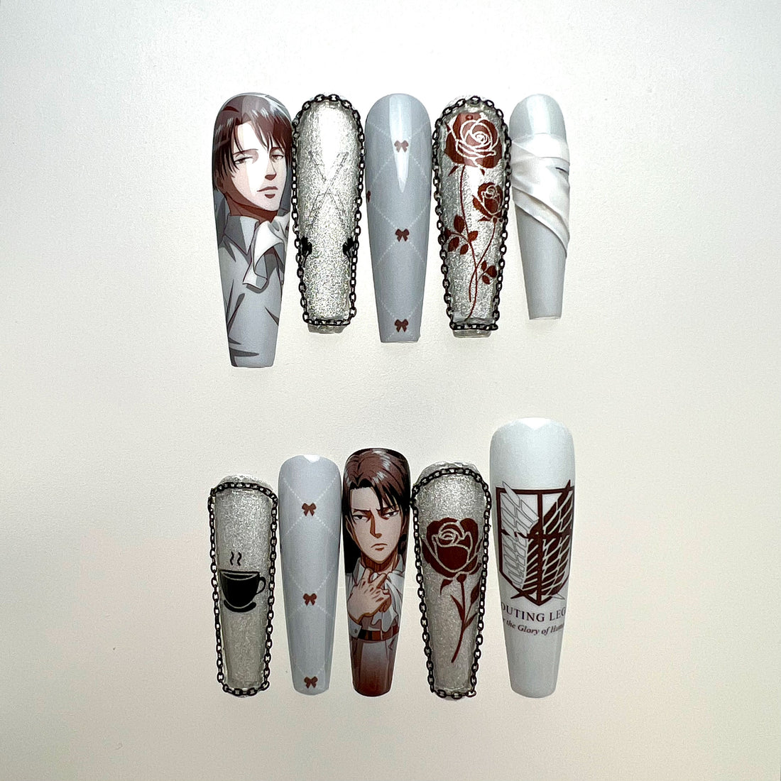 Levi Ackerman Nails – Attack on Titan AOT Press-On Set, Elegant 3D Cravat &amp; Rose Glitter Design | Dragonnail