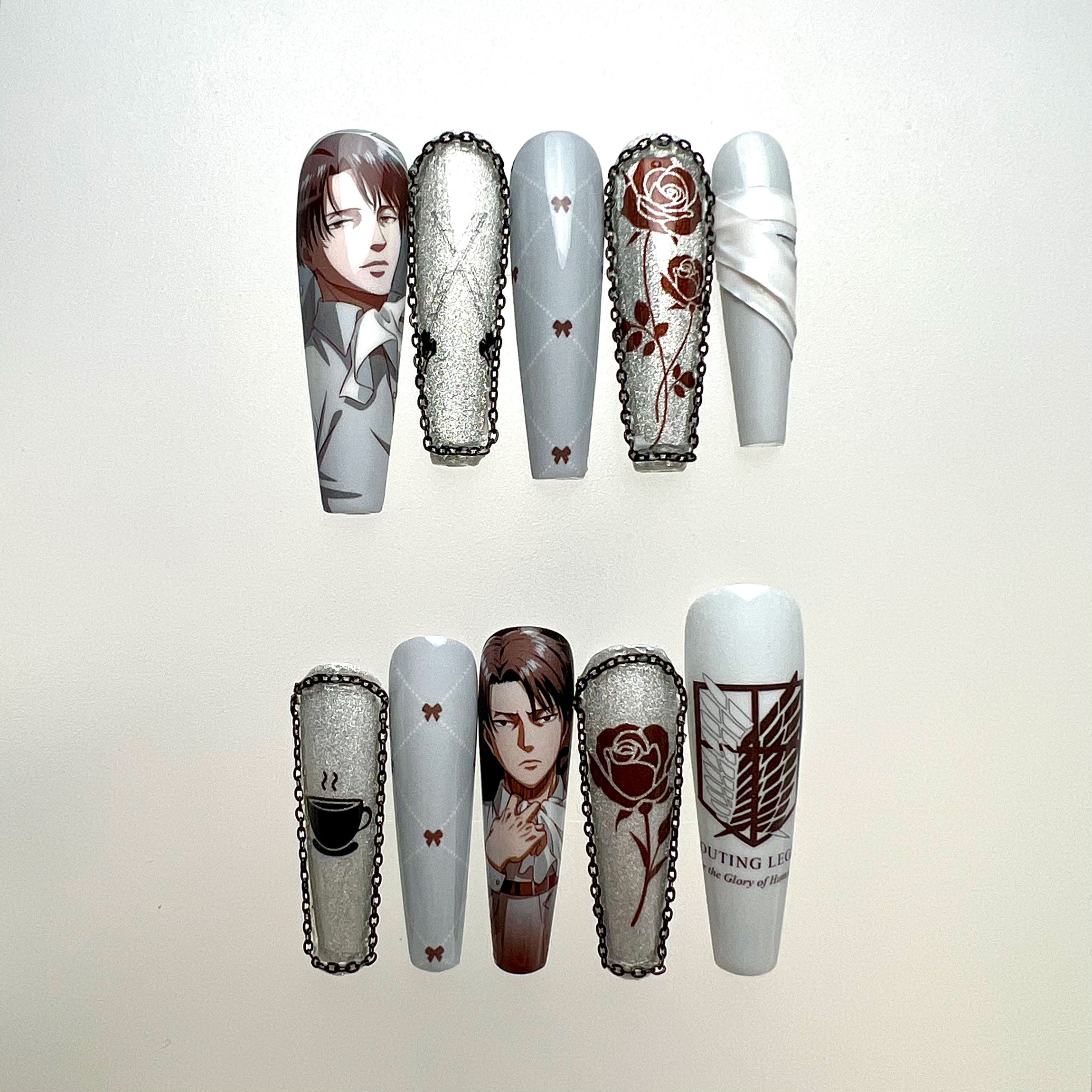 Levi Ackerman Nails – Attack on Titan AOT Press-On Set, Elegant 3D Cravat &amp; Rose Glitter Design | Dragonnail