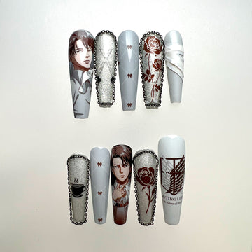 Levi Ackerman Nails – Attack on Titan AOT Press-On Set, Elegant 3D Cravat &amp; Rose Glitter Design | Dragonnail