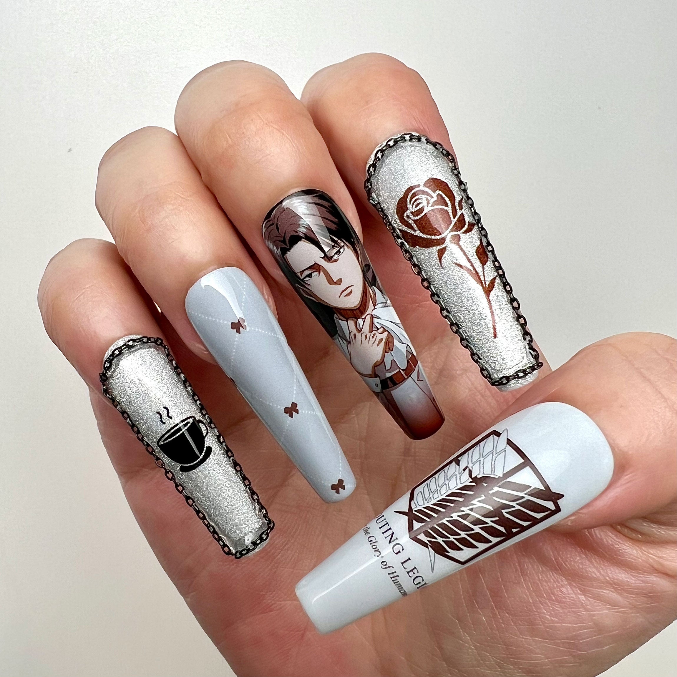 Levi Ackerman Nails – Attack on Titan AOT Press-On Set, Elegant 3D Cravat &amp; Rose Glitter Design | Dragonnail