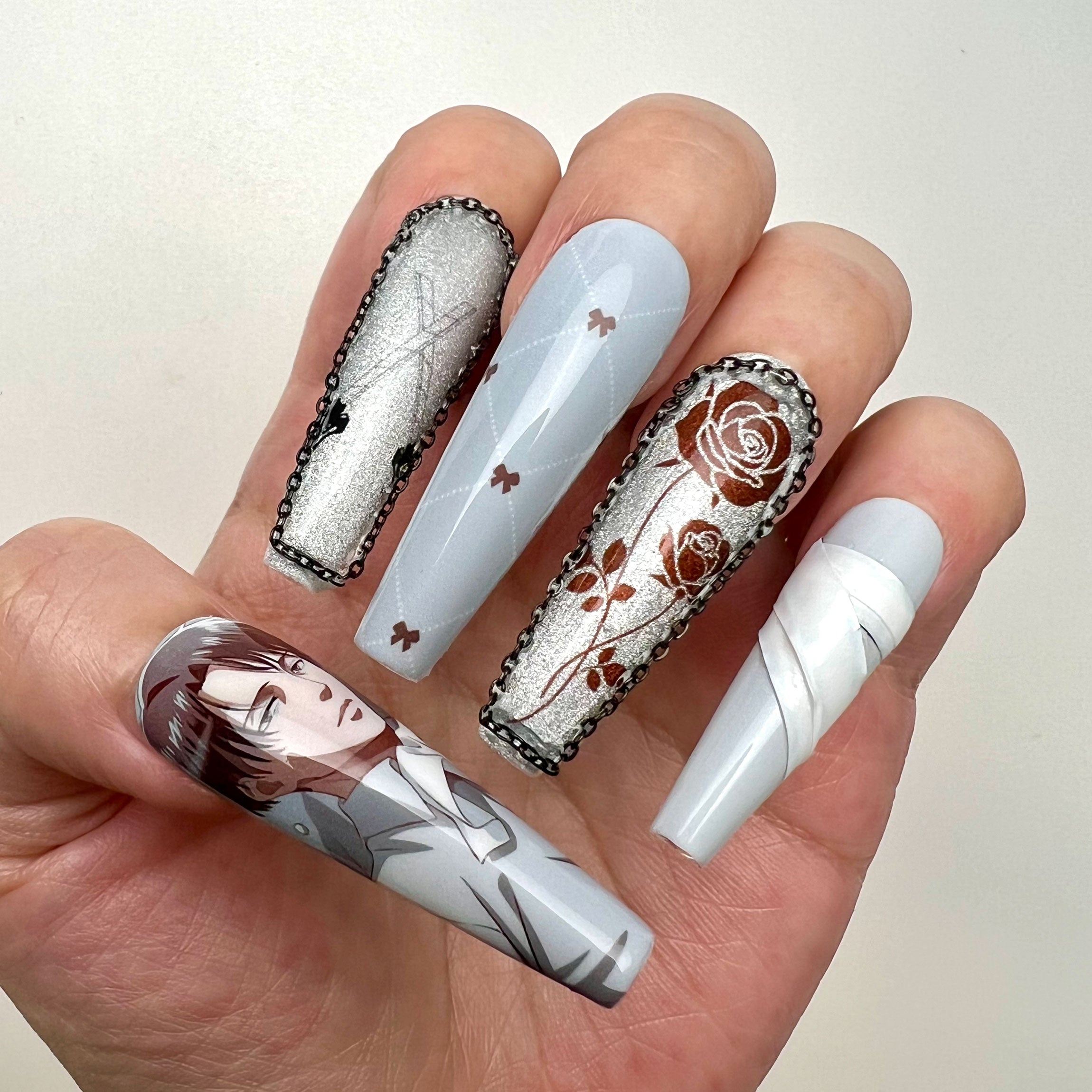 Levi Ackerman Nails – Attack on Titan AOT Press-On Set, Elegant 3D Cravat &amp; Rose Glitter Design | Dragonnail