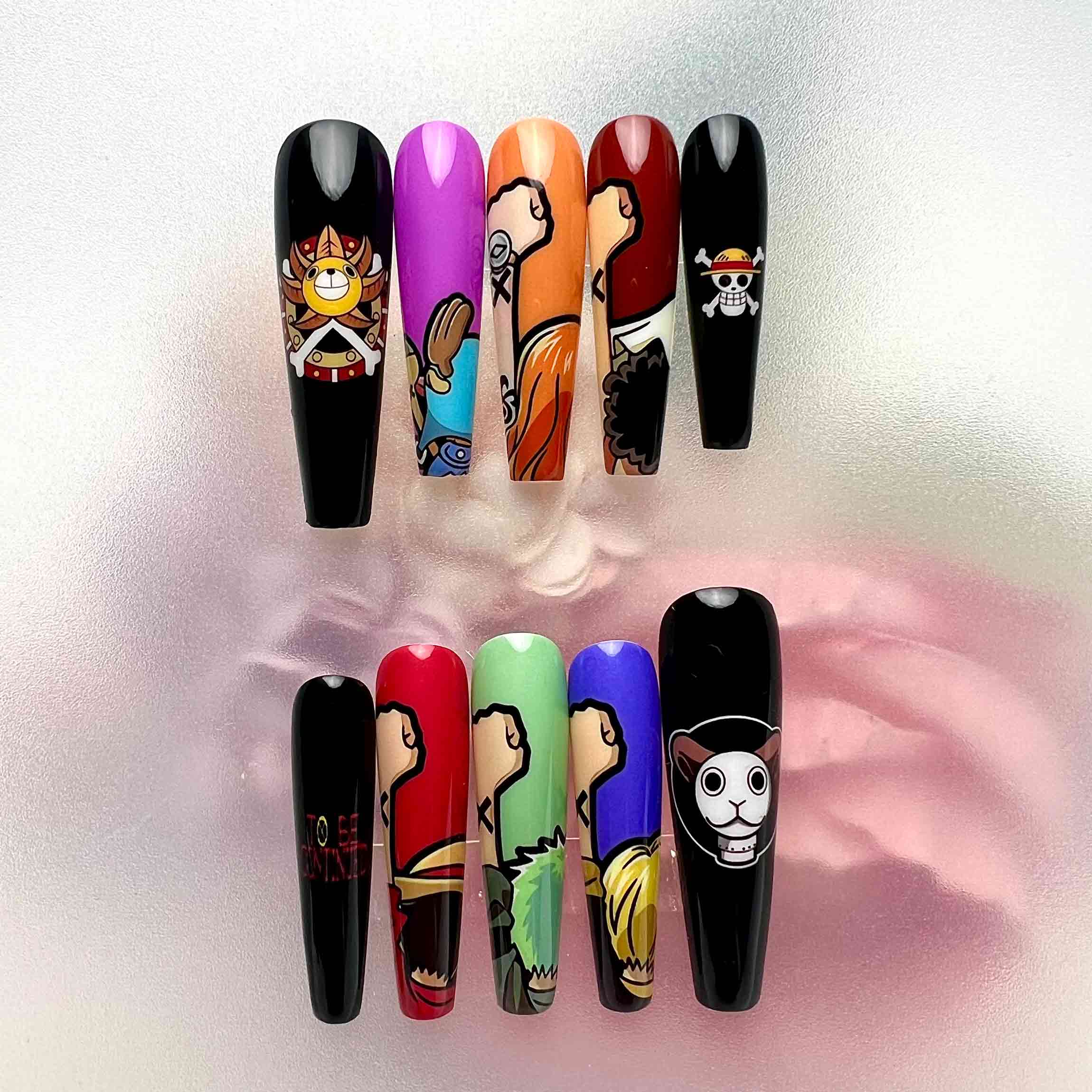 One Piece Minimalist Nails – Luffy &amp; Sanji Black &amp; Rainbow Silhouette Anime Design | Dragonnail