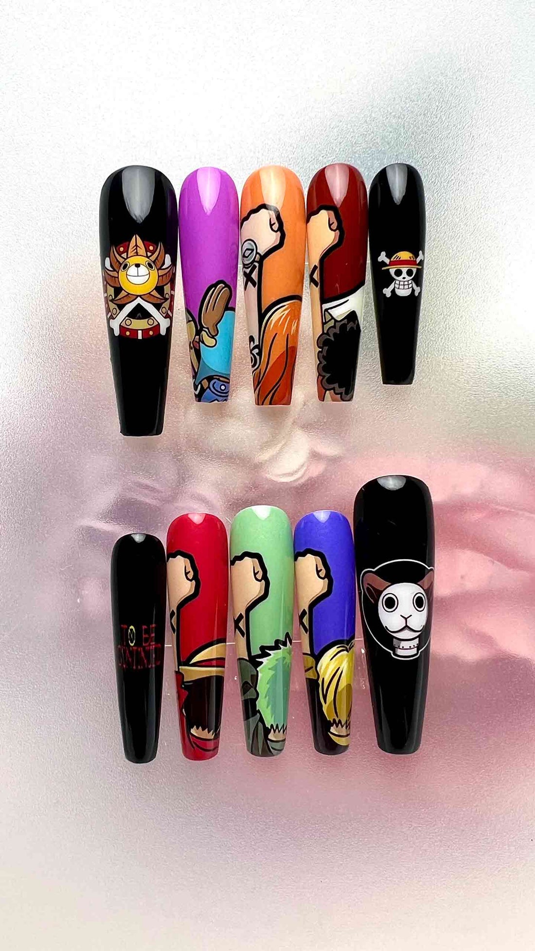 One Piece Minimalist Nails – Luffy &amp; Sanji Black &amp; Rainbow Silhouette Anime Design | Dragonnail