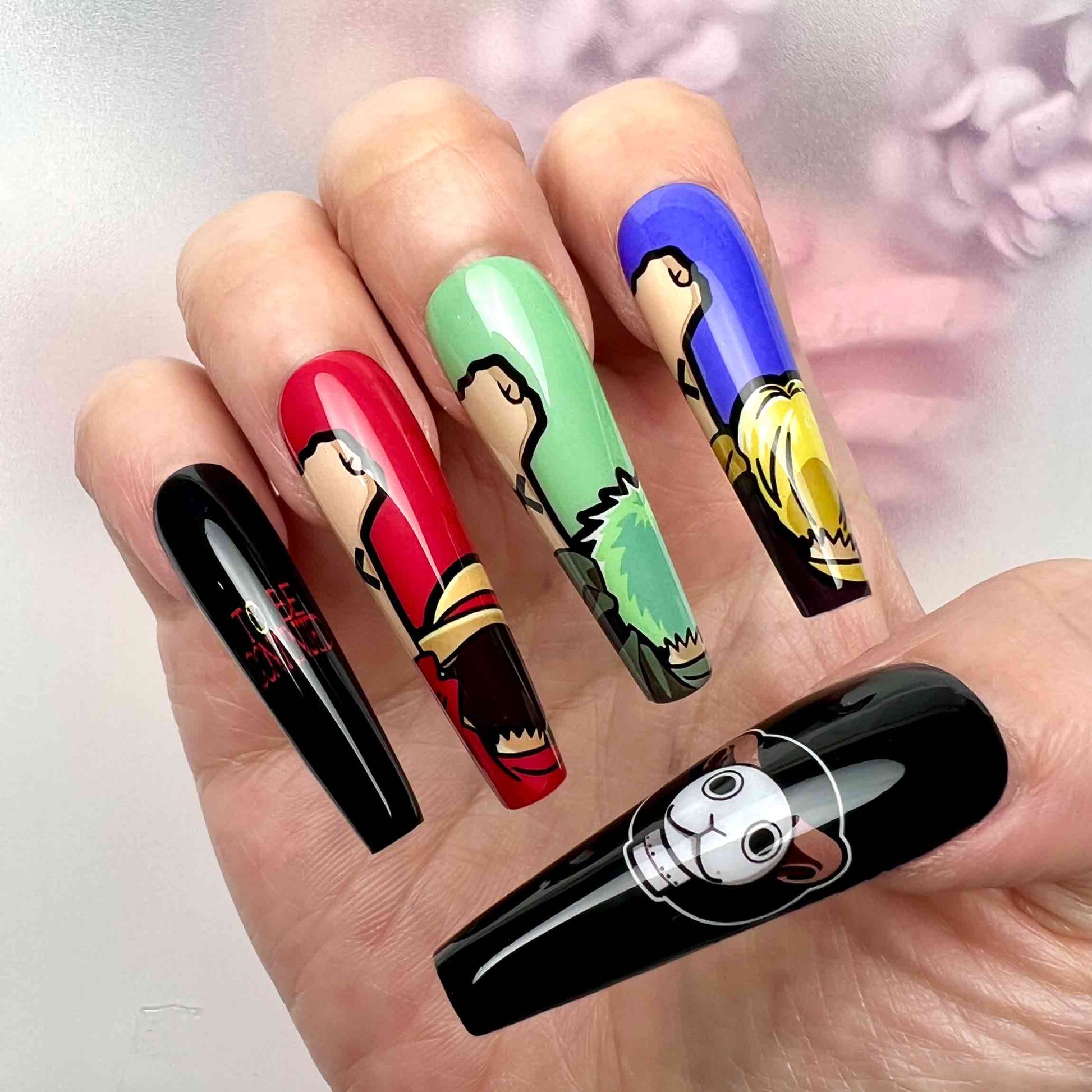 One Piece Minimalist Nails – Luffy &amp; Sanji Black &amp; Rainbow Silhouette Anime Design | Dragonnail
