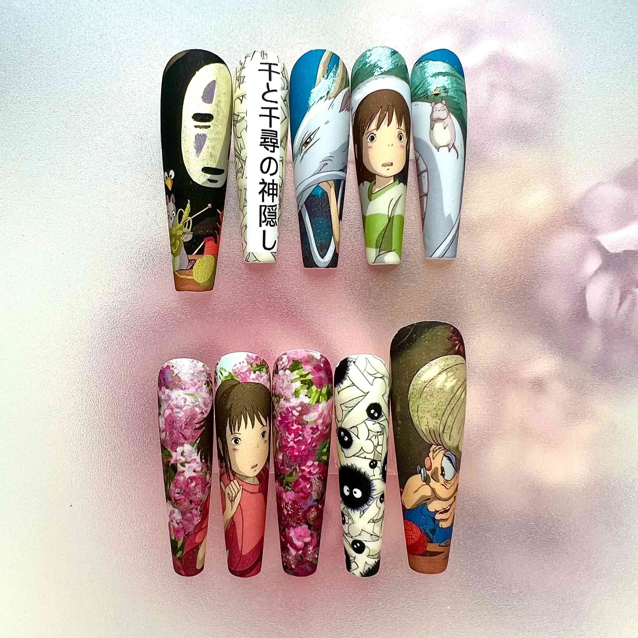 Spirited Away Nails – Studio Ghibli Press-On Set, Chihiro, Haku &amp; No-Face Anime Design | Dragonnail