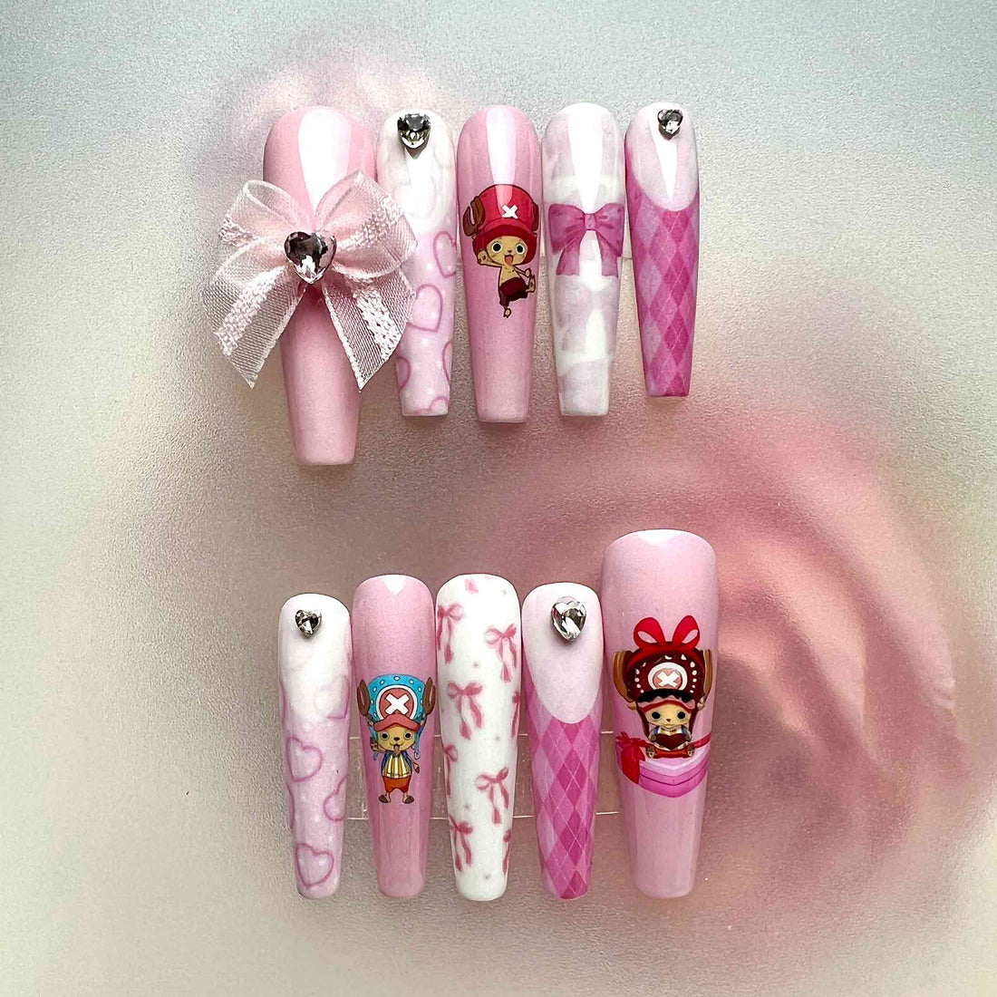 Tony Tony Chopper Nails – Cute Pink One Piece Press-On Set, 3D Bow &amp; Kawaii Anime Design | Dragonnail