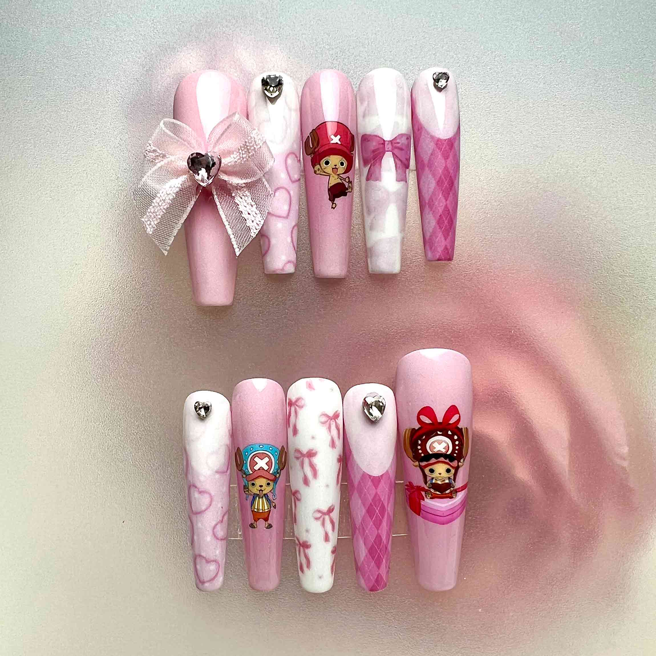 Tony Tony Chopper Nails – Cute Pink One Piece Press-On Set, 3D Bow &amp; Kawaii Anime Design | Dragonnail