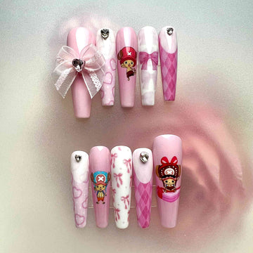 Tony Tony Chopper Nails – Cute Pink One Piece Press-On Set, 3D Bow &amp; Kawaii Anime Design | Dragonnail