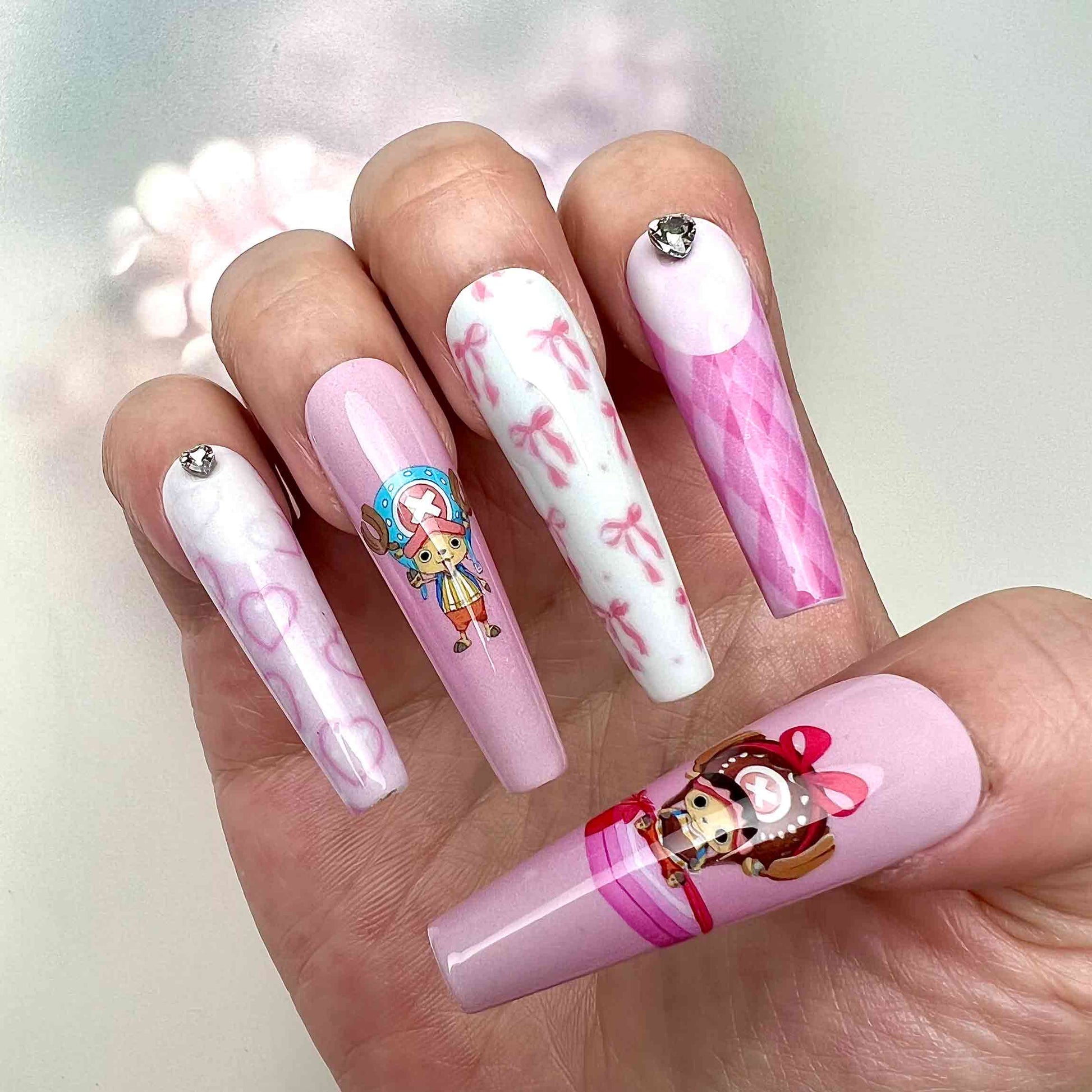Tony Tony Chopper Nails – Cute Pink One Piece Press-On Set, 3D Bow &amp; Kawaii Anime Design | Dragonnail