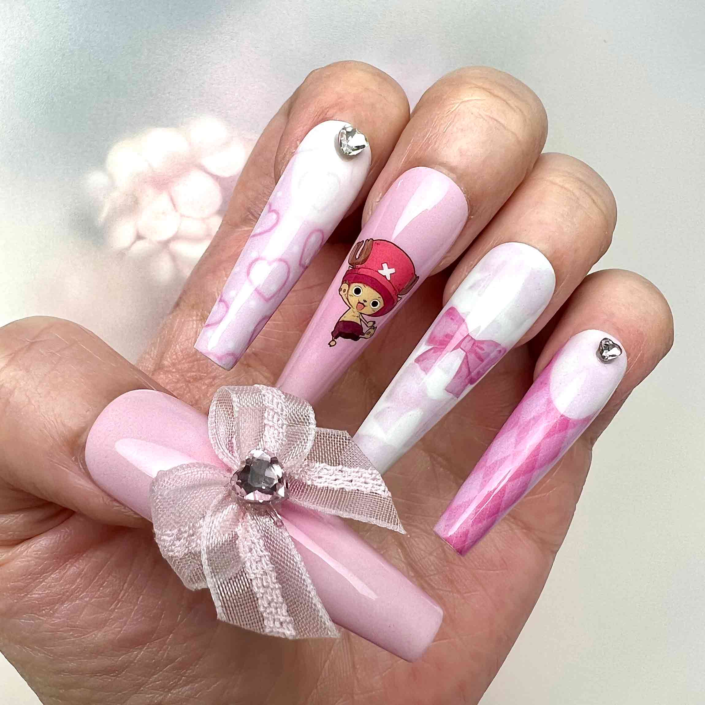Tony Tony Chopper Nails – Cute Pink One Piece Press-On Set, 3D Bow &amp; Kawaii Anime Design | Dragonnail