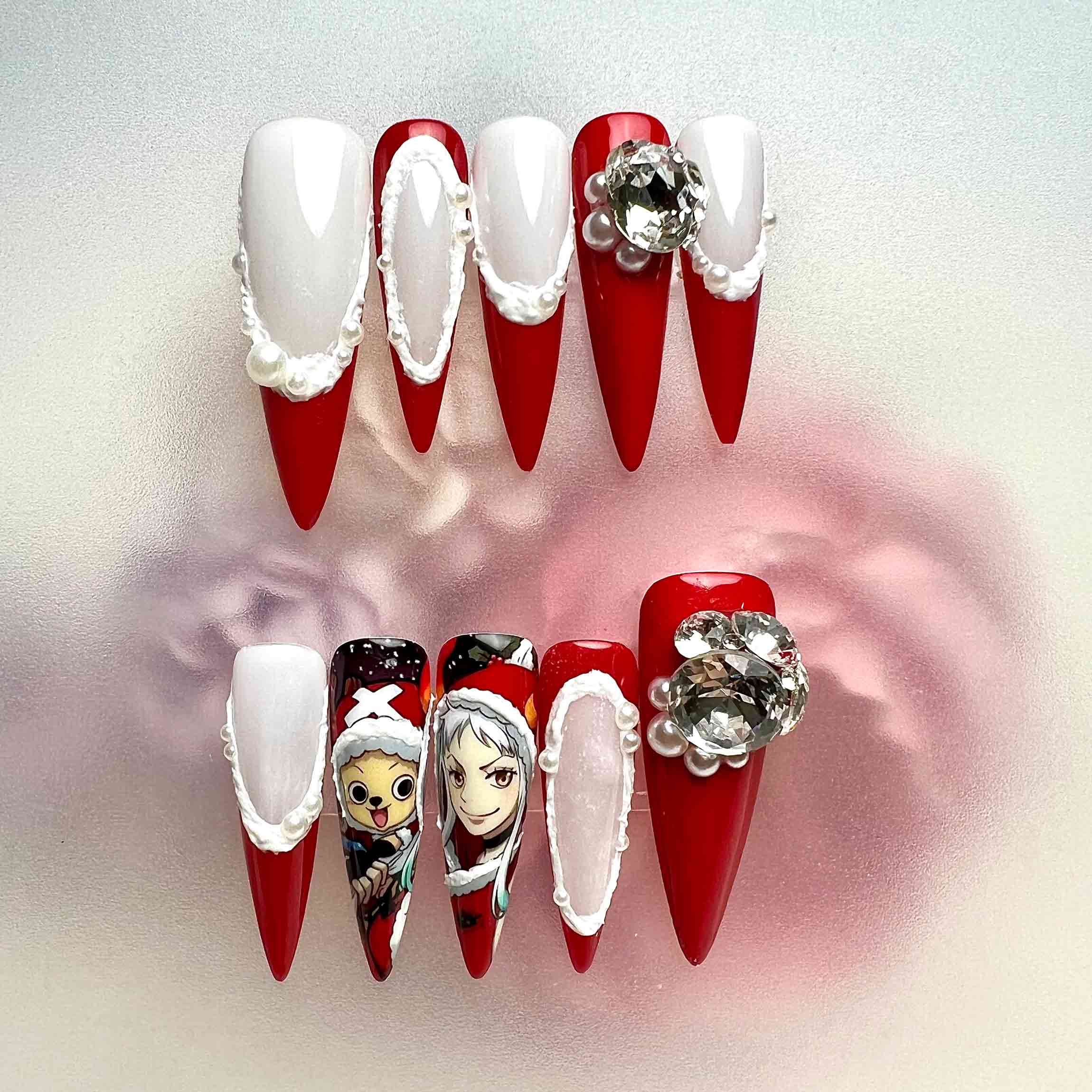 Law &amp; Chopper Christmas Nails – One Piece Press-On Set, 3D Gem &amp; Pearl Santa Design | Dragonnail