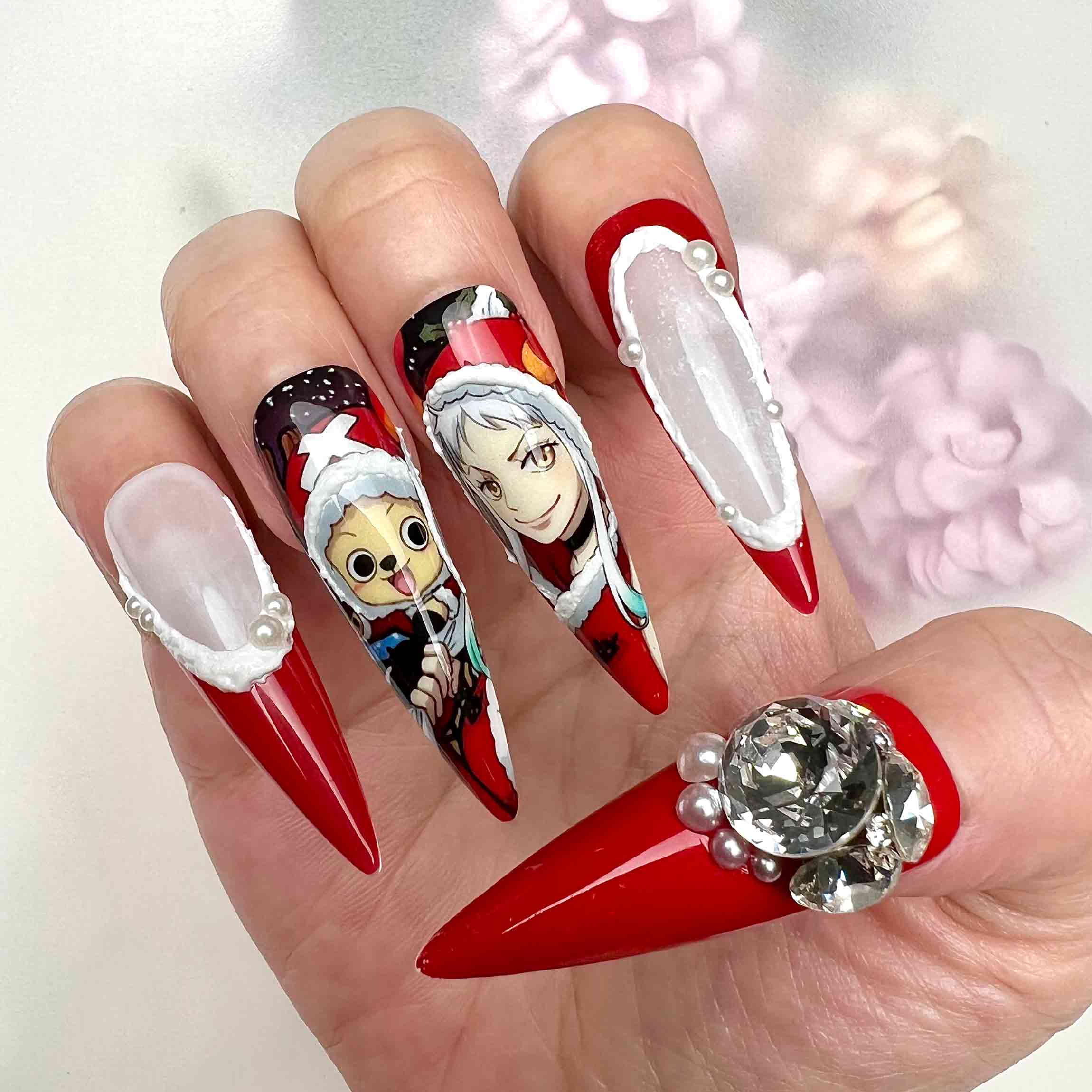 Law &amp; Chopper Christmas Nails – One Piece Press-On Set, 3D Gem &amp; Pearl Santa Design | Dragonnail