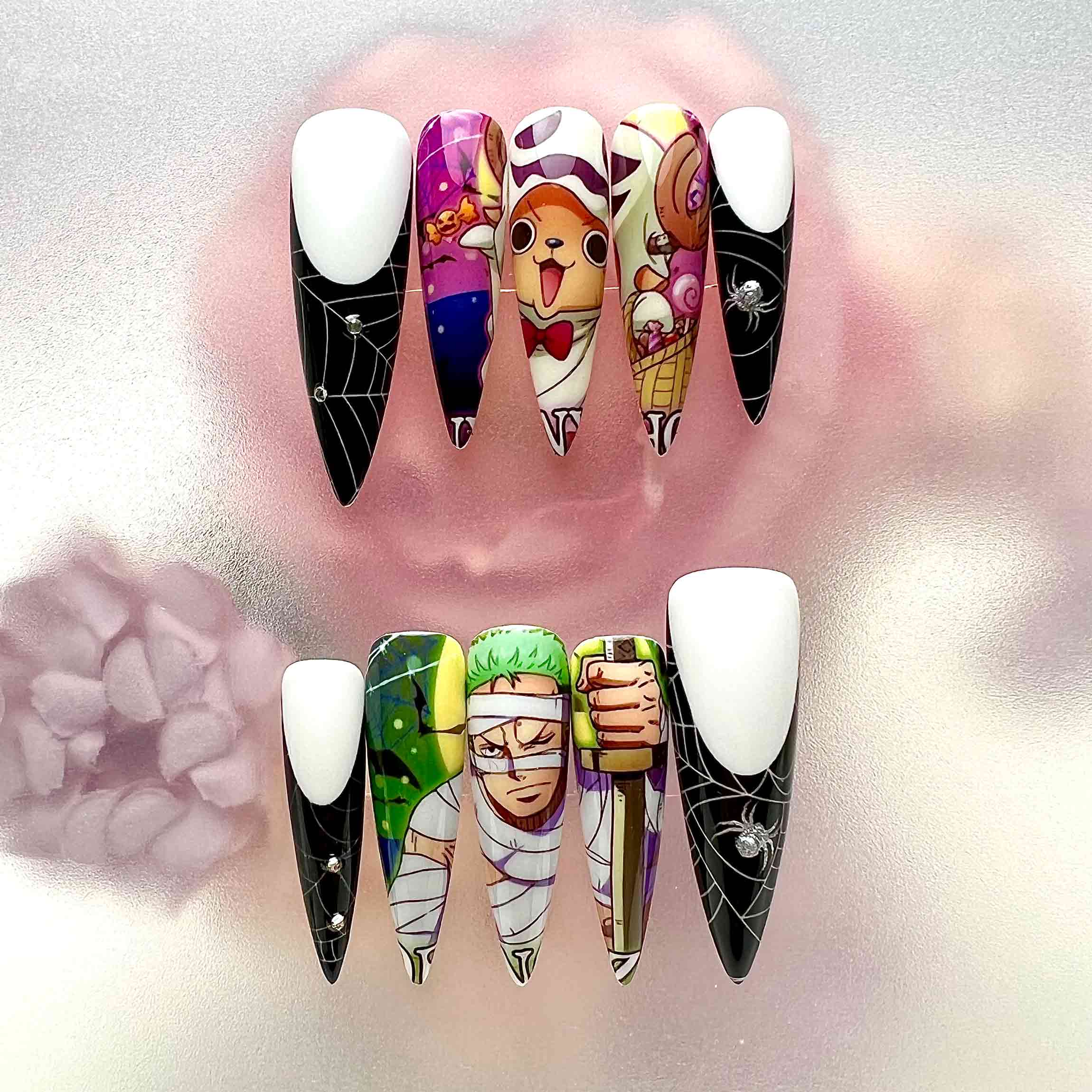 One Piece Halloween Nails – Zoro &amp; Chopper Press-On Set, Spiderweb &amp; Vampire Fangs Anime Design | Dragonnail