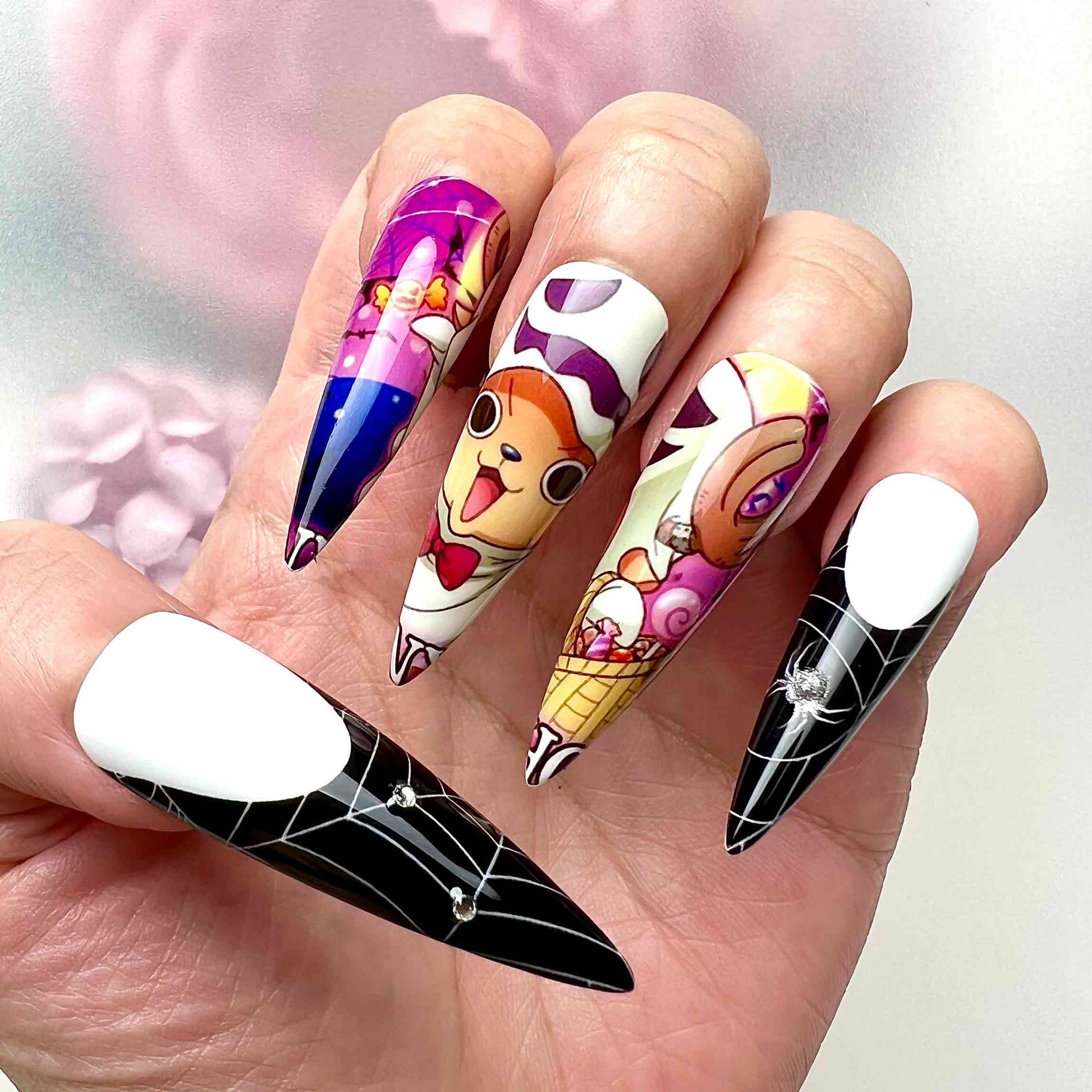 One Piece Halloween Nails – Zoro &amp; Chopper Press-On Set, Spiderweb &amp; Vampire Fangs Anime Design | Dragonnail