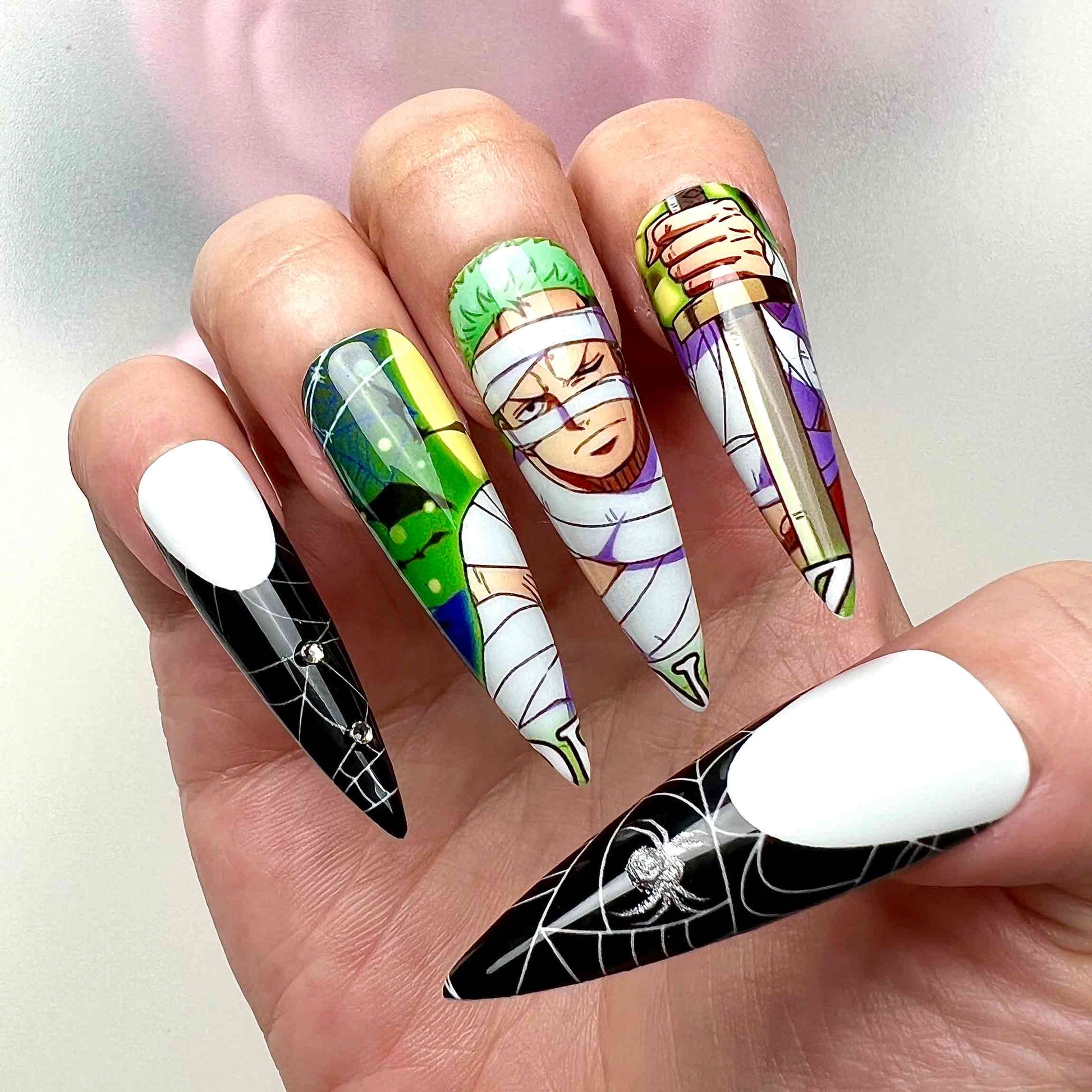 One Piece Halloween Nails – Zoro &amp; Chopper Press-On Set, Spiderweb &amp; Vampire Fangs Anime Design | Dragonnail