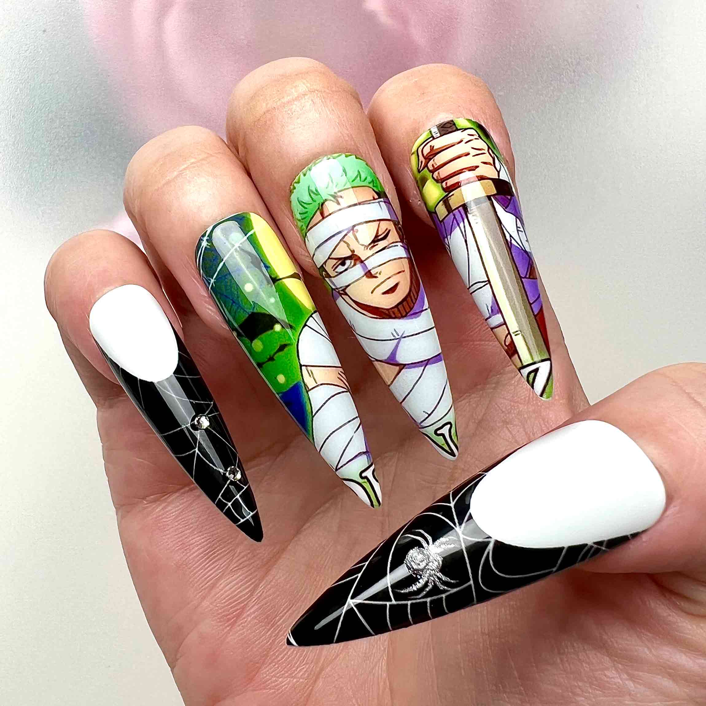 One Piece Halloween Nails – Zoro &amp; Chopper Press-On Set, Spiderweb &amp; Vampire Fangs Anime Design | Dragonnail