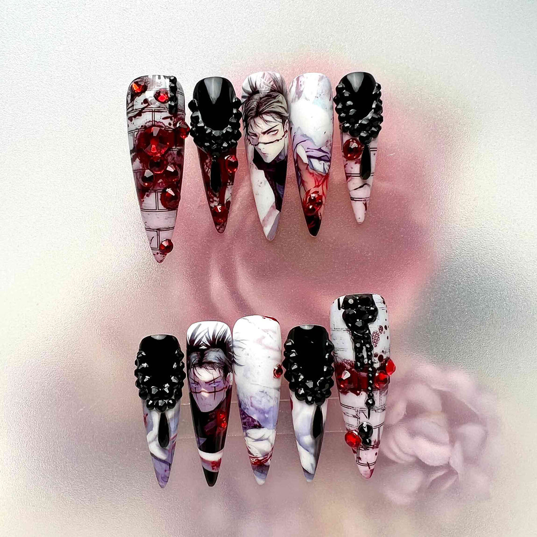 Toji Fushiguro Nails – Jujutsu Kaisen JJK Press-On Set, 3D Red &amp; Black Gem, Gothic Blood Splatter Design | Dragonnail