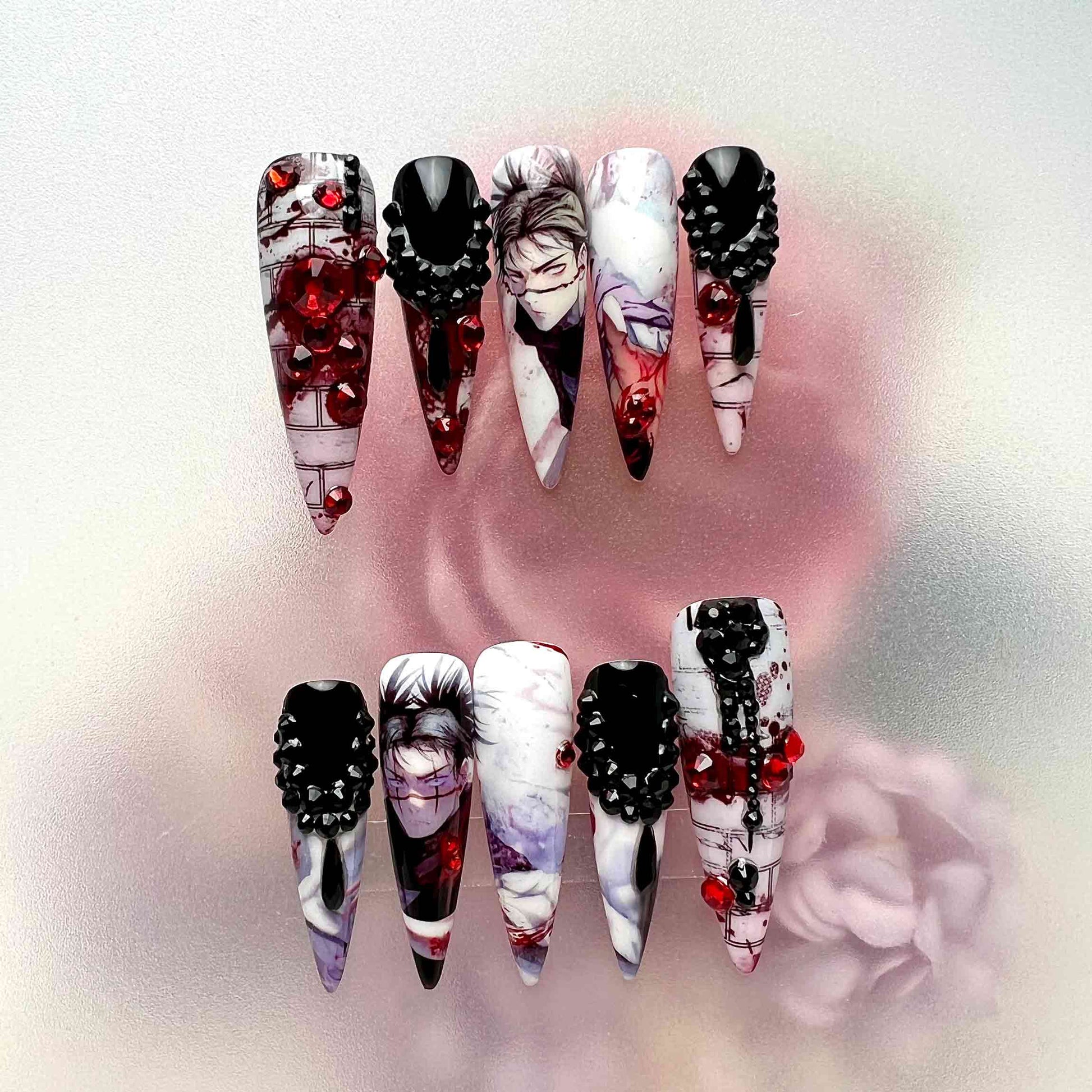 Toji Fushiguro Nails – Jujutsu Kaisen JJK Press-On Set, 3D Red &amp; Black Gem, Gothic Blood Splatter Design | Dragonnail