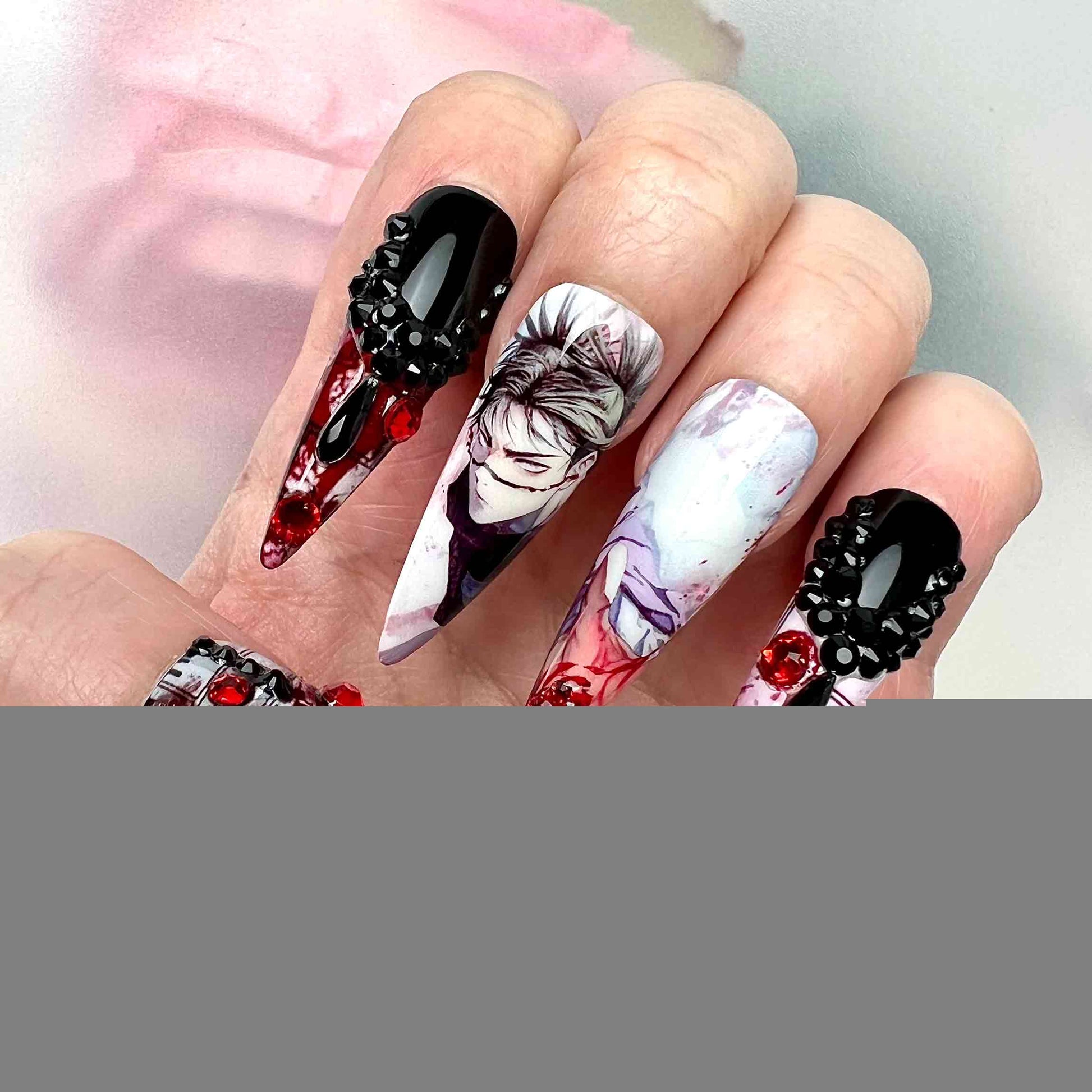 Toji Fushiguro Nails – Jujutsu Kaisen JJK Press-On Set, 3D Red &amp; Black Gem, Gothic Blood Splatter Design | Dragonnail