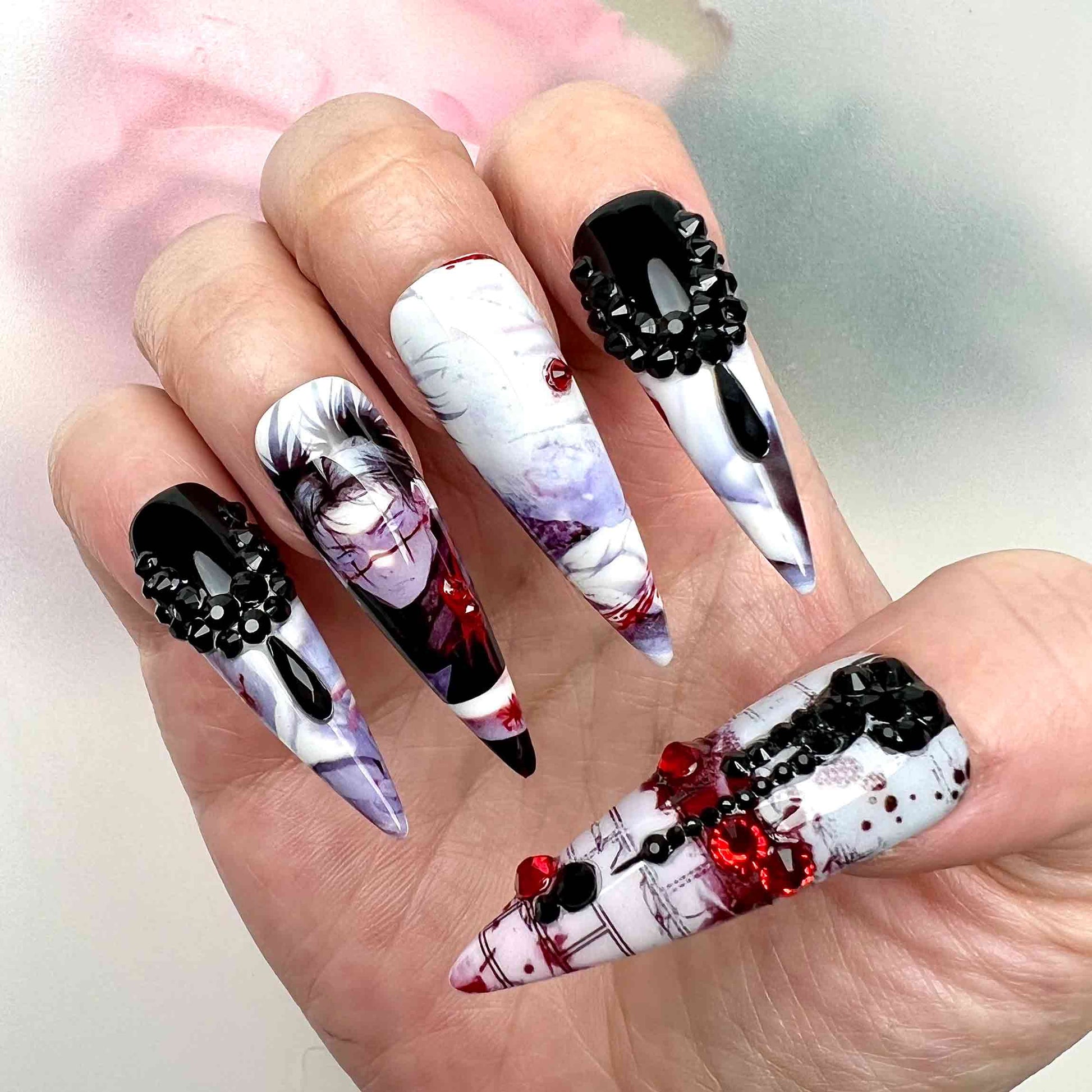 Toji Fushiguro Nails – Jujutsu Kaisen JJK Press-On Set, 3D Red &amp; Black Gem, Gothic Blood Splatter Design | Dragonnail