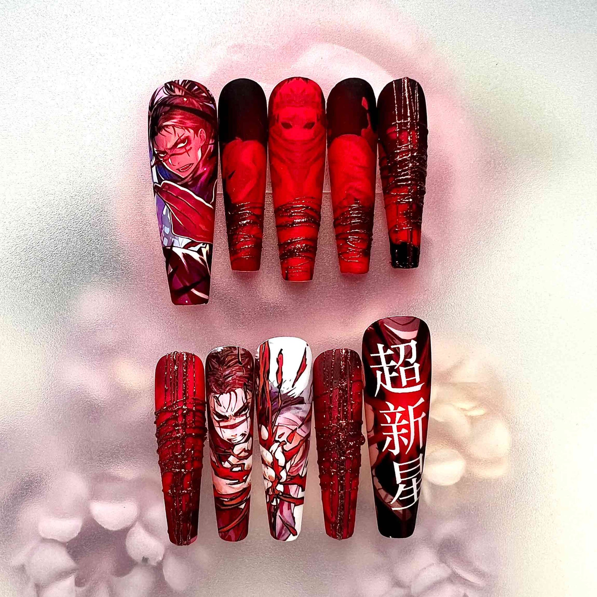 Eustass Kid Nails – One Piece Supernova Press-On Set, 3D Red Drip &amp; Kanji Design | Dragonnail