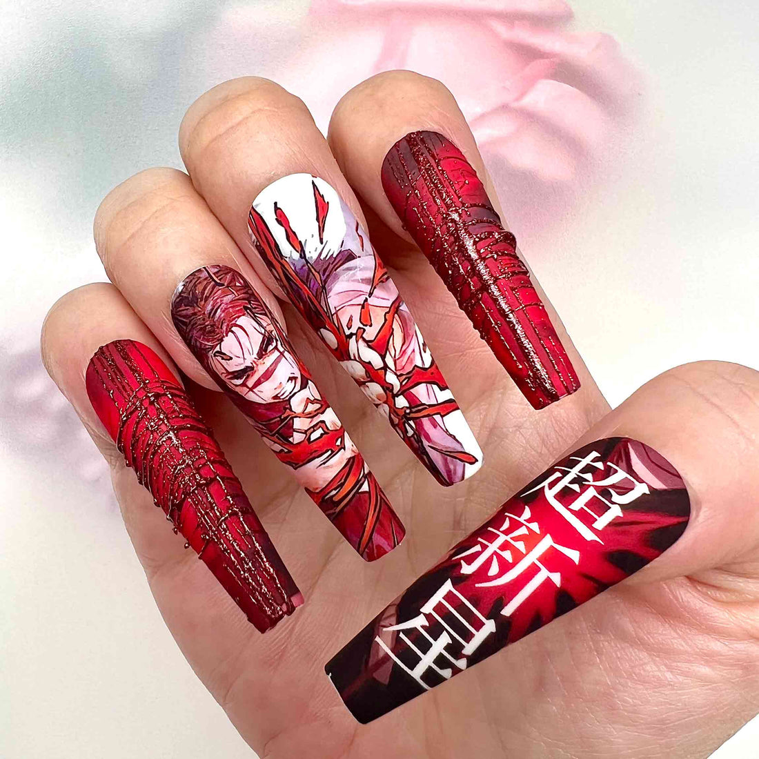 Eustass Kid Nails – One Piece Supernova Press-On Set, 3D Red Drip &amp; Kanji Design | Dragonnail