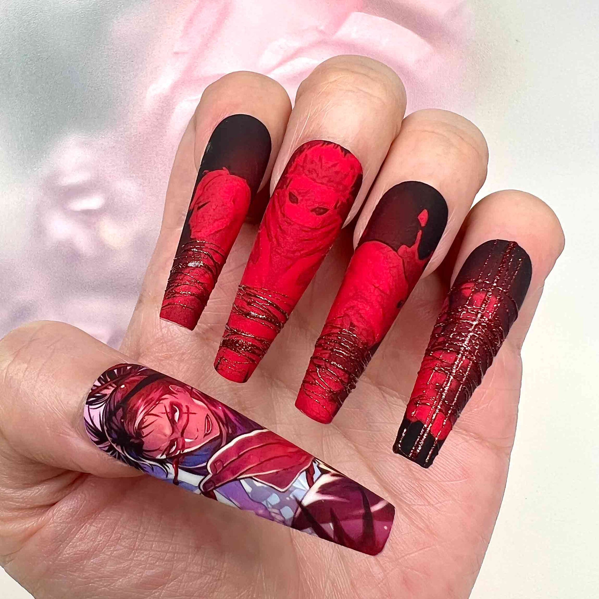 Eustass Kid Nails – One Piece Supernova Press-On Set, 3D Red Drip &amp; Kanji Design | Dragonnail