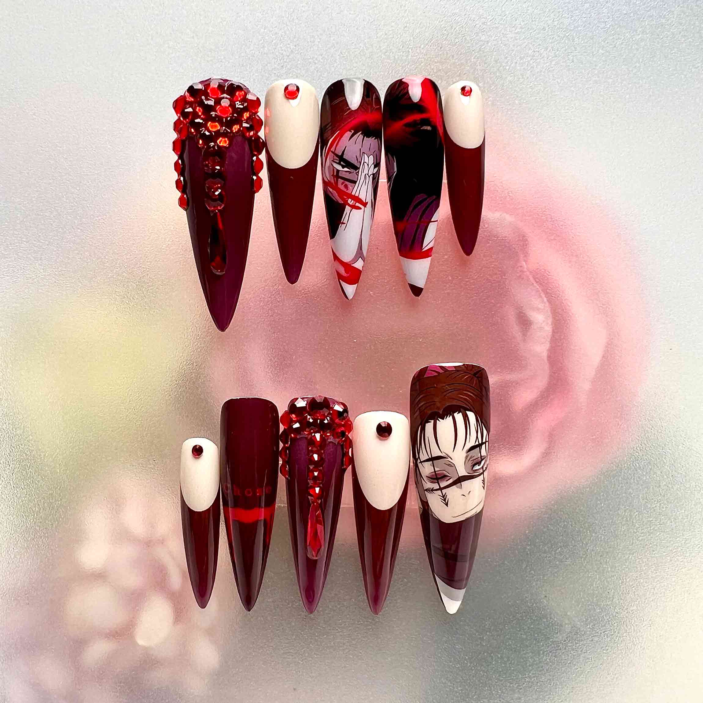 Hange Zoë Nails – Attack on Titan AOT Press-On Set, 3D Red Gem &amp; Burgundy Science Squad Design | Dragonnail