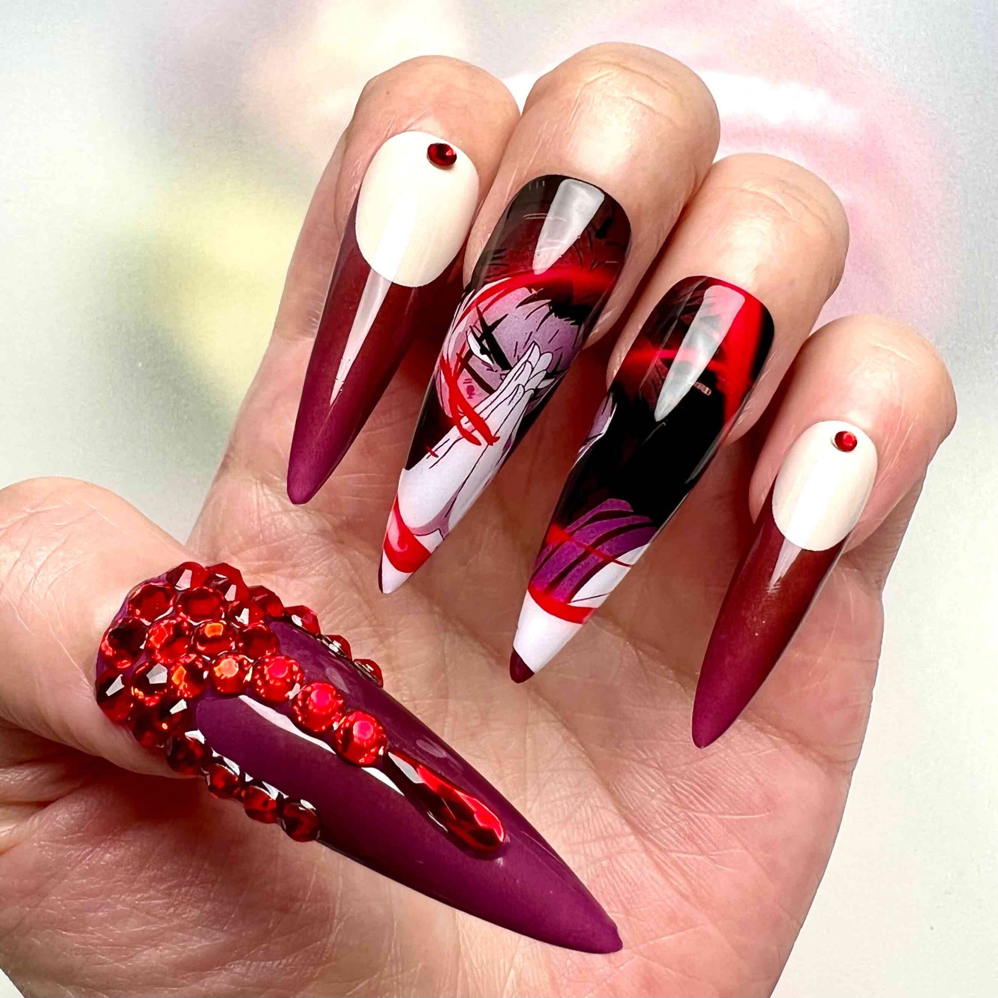 Hange Zoë Nails – Attack on Titan AOT Press-On Set, 3D Red Gem &amp; Burgundy Science Squad Design | Dragonnail