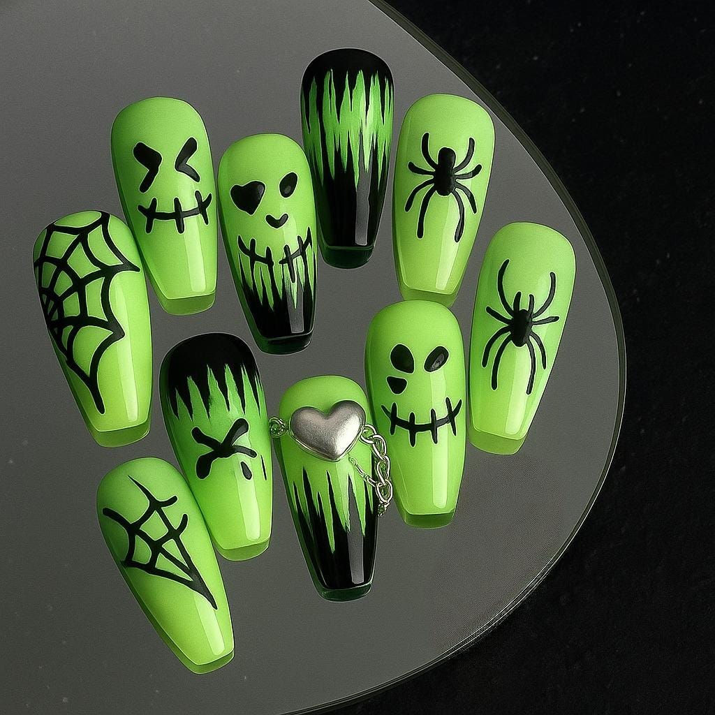 Creepy Halloween Press On Nails Spooky Chic Nails Witchy Neon Fake Nails 3d Spider Web Gothic Nails Set Dragonnail