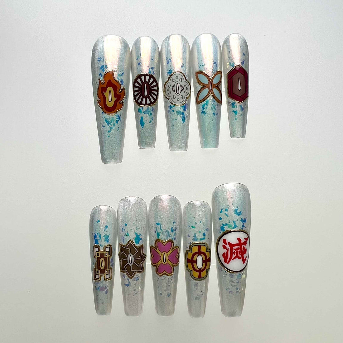 emon Slayer Hashira Symbol Nails – KNY Press-On Set, Full Hashira Crest &amp; Silver Aurora Chrome Design | Dragonnail