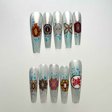 emon Slayer Hashira Symbol Nails – KNY Press-On Set, Full Hashira Crest &amp; Silver Aurora Chrome Design | Dragonnail