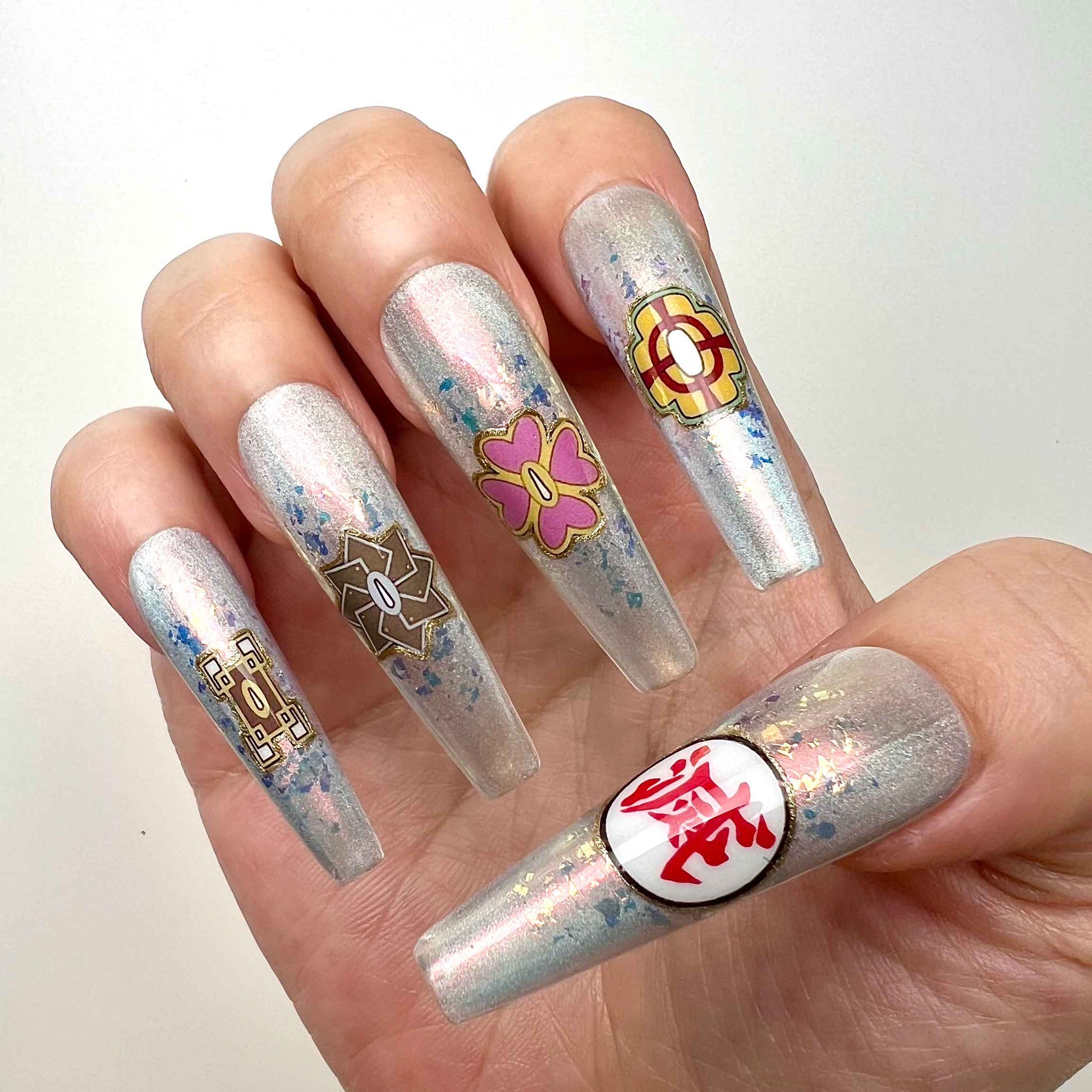 emon Slayer Hashira Symbol Nails – KNY Press-On Set, Full Hashira Crest &amp; Silver Aurora Chrome Design | Dragonnail