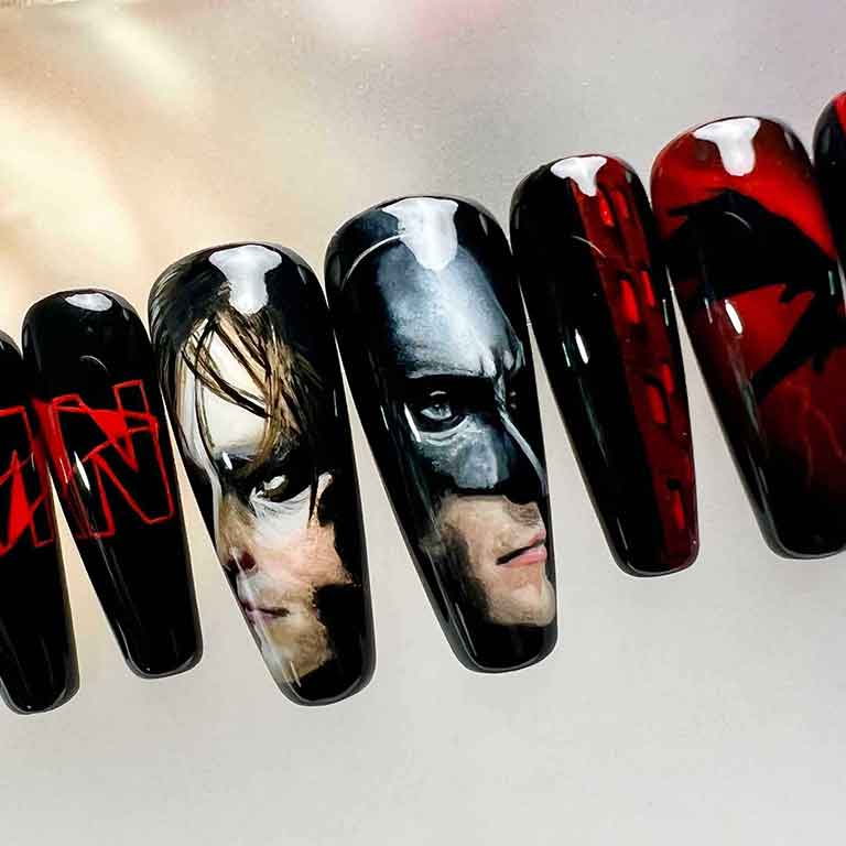 The Batman Movie Nails – Robert Pattinson Press-On Set, Black &amp; Red Gothic Superhero Design | Dragonnail