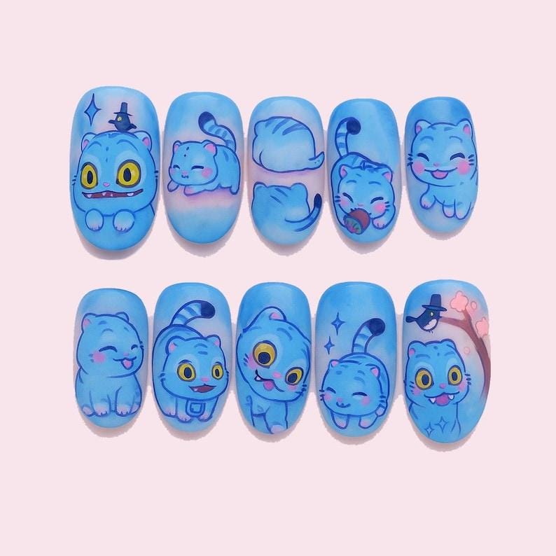 Cute Demon Press On Nails Kpop Demon Nail Art Derpy Tiger Nails Demon Hunter Nails Movie Art Nail Dragonnail