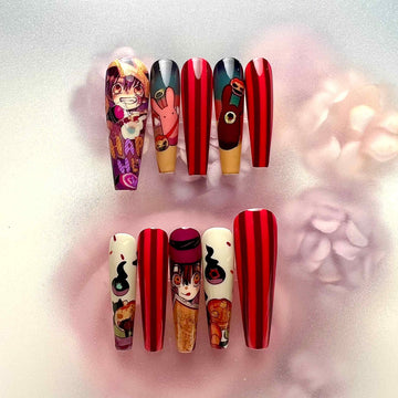 Toilet-Bound Hanako-kun Nails – Hanako &amp; Mokke Press-On Set, Red Stripe &amp; Festival Anime Design | Dragonnail