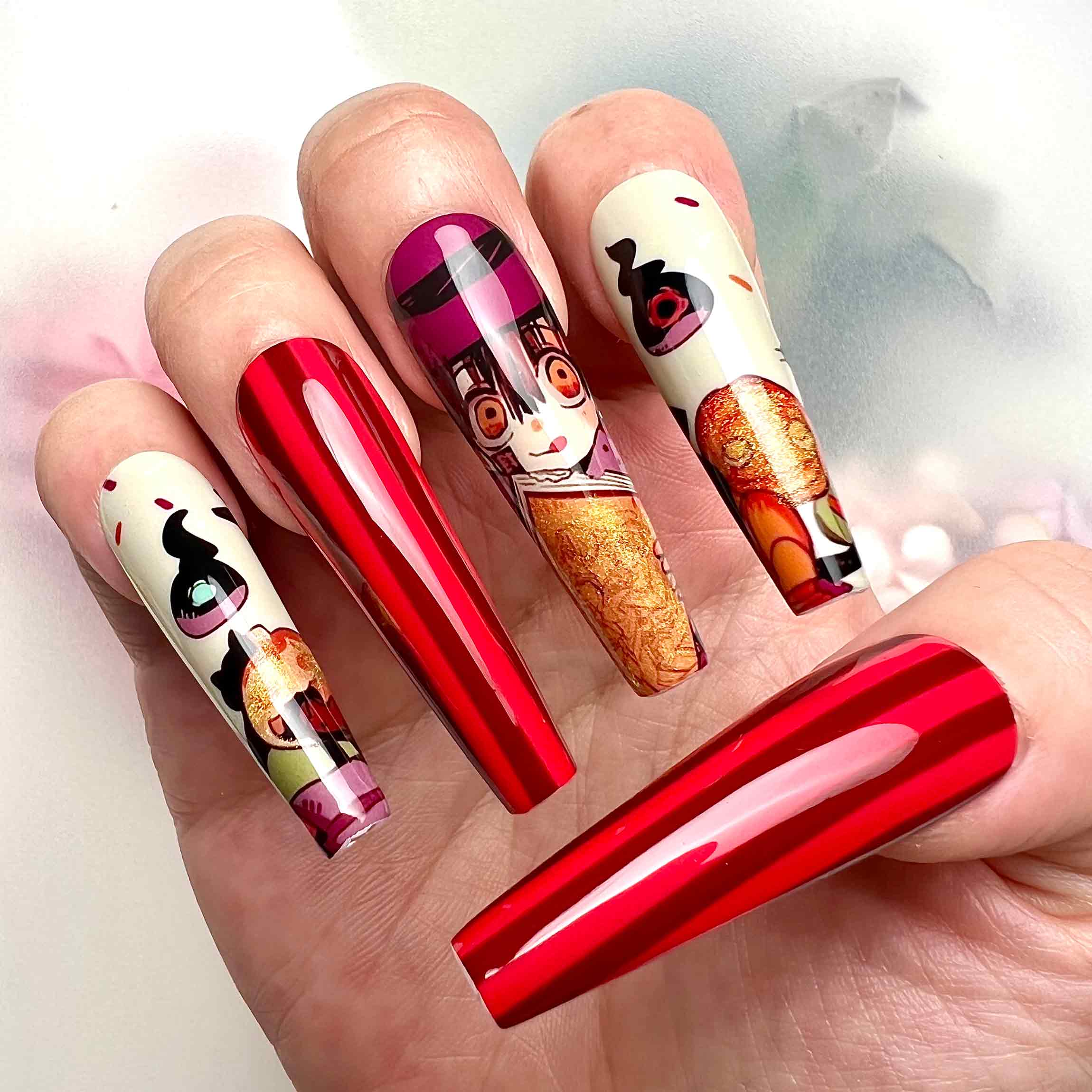Toilet-Bound Hanako-kun Nails – Hanako &amp; Mokke Press-On Set, Red Stripe &amp; Festival Anime Design | Dragonnail