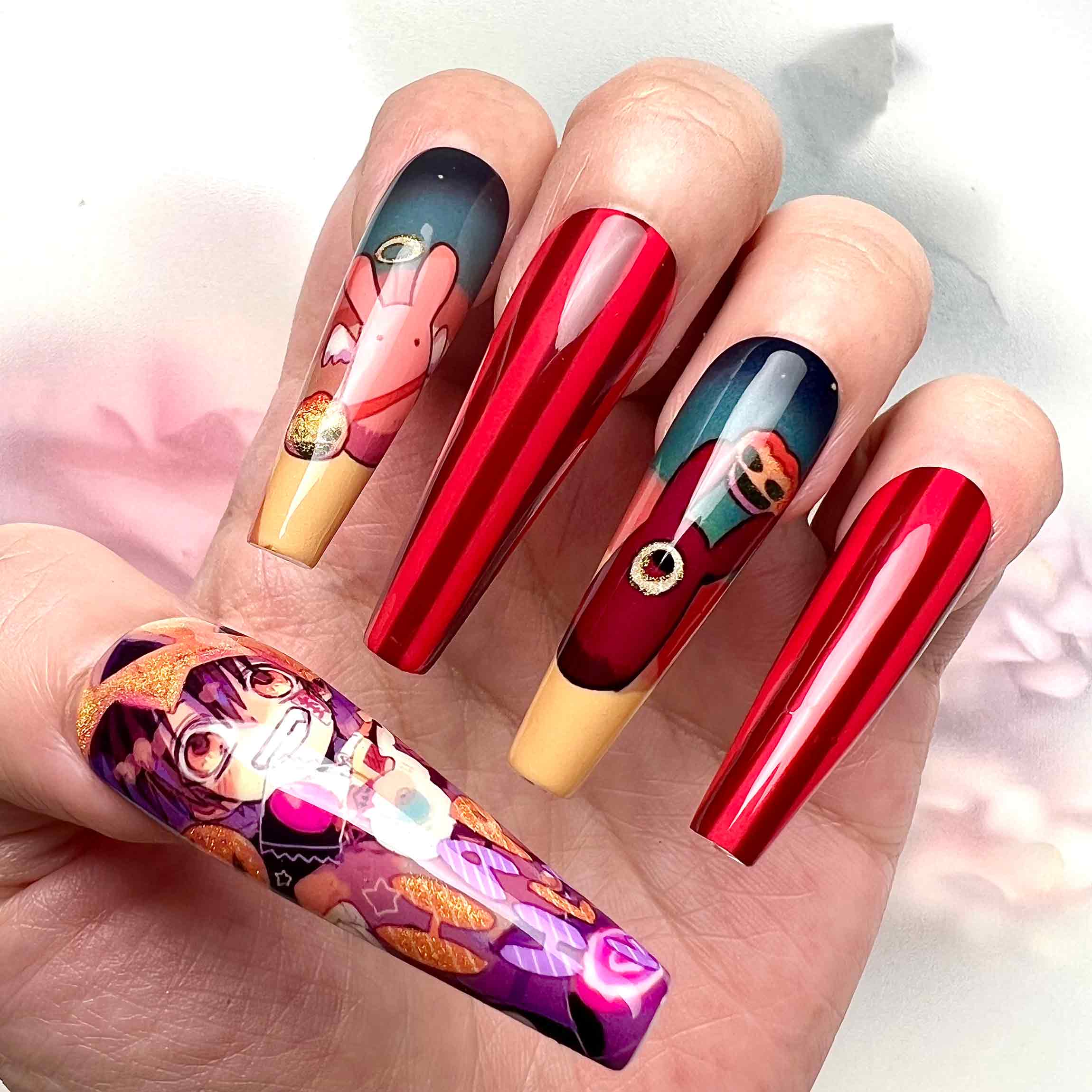 Toilet-Bound Hanako-kun Nails – Hanako &amp; Mokke Press-On Set, Red Stripe &amp; Festival Anime Design | Dragonnail