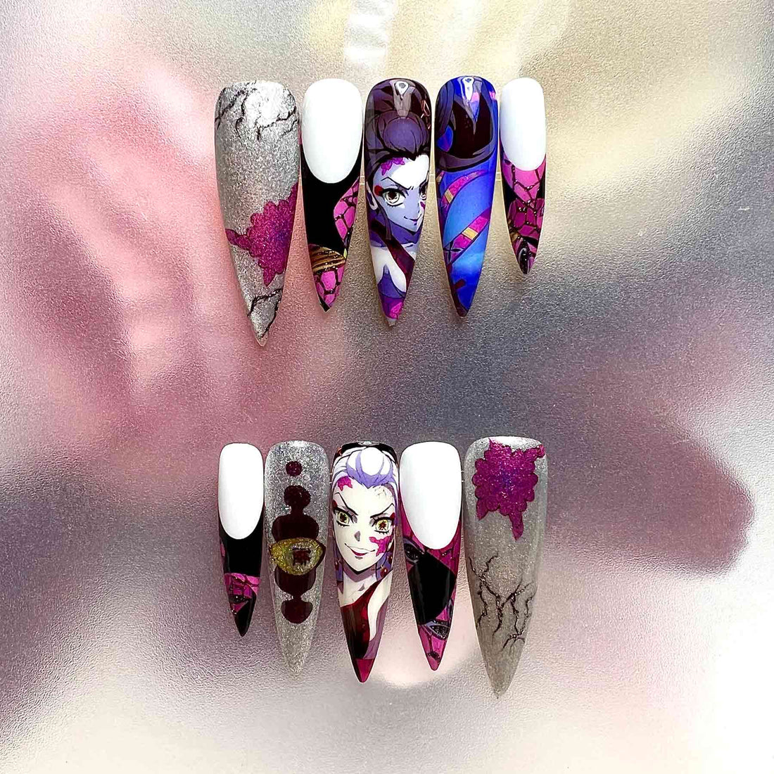 Widowmaker Nails – Overwatch Game Press-On Set, Purple &amp; Blue Sniper Web Design | Dragonnail