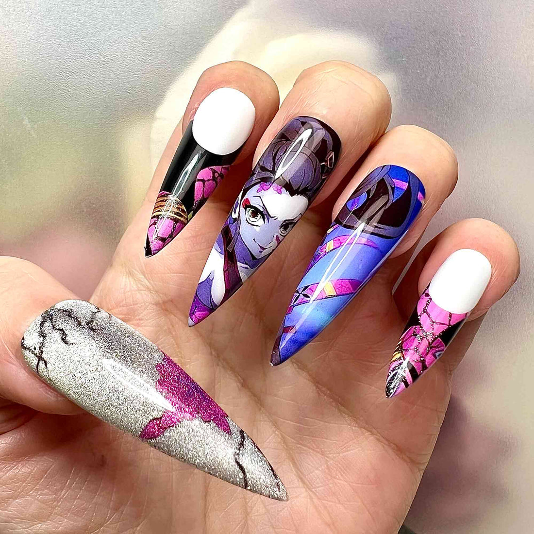 Widowmaker Nails – Overwatch Game Press-On Set, Purple &amp; Blue Sniper Web Design | Dragonnail