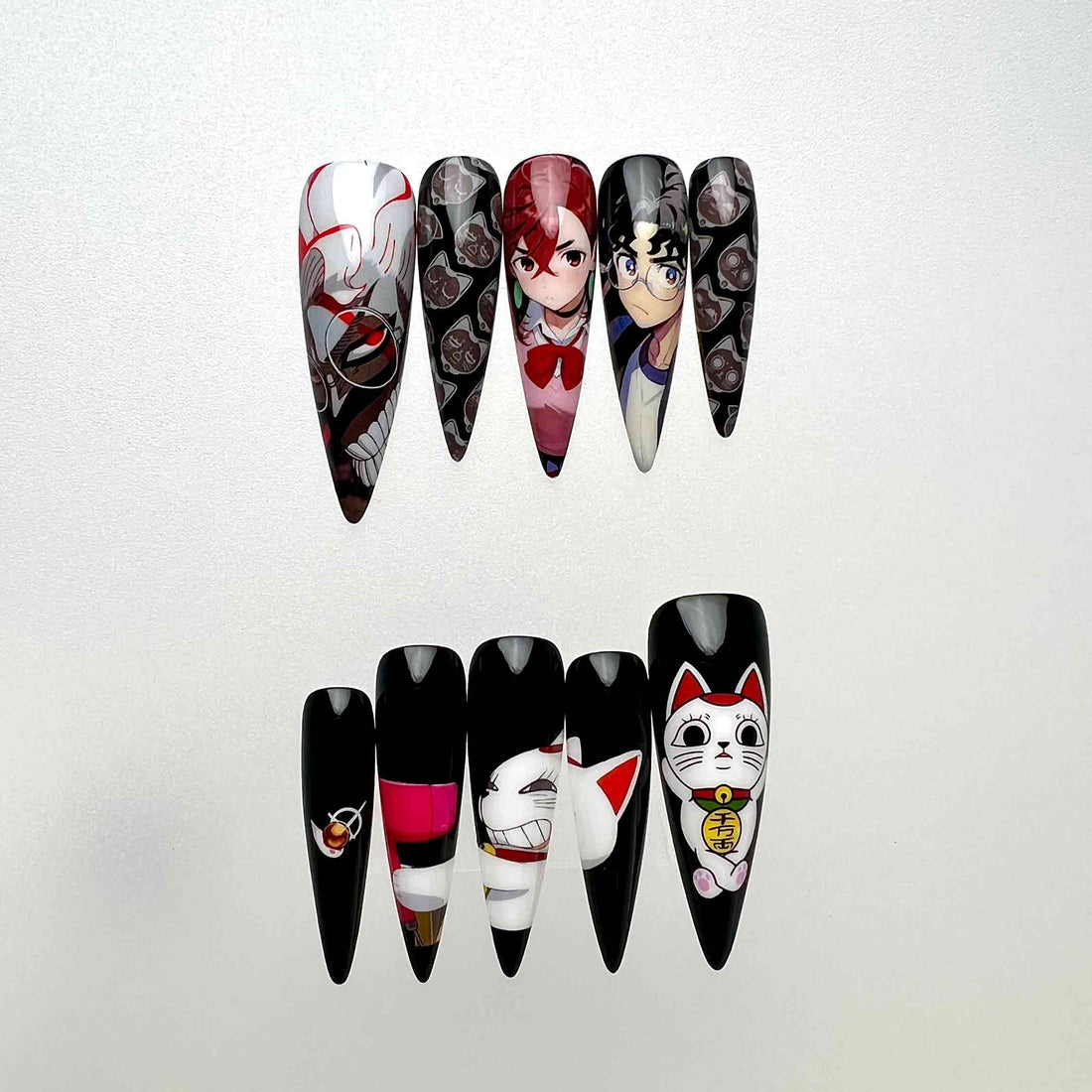 Japanese Mixed Anime Nails – Kaguya-sama &amp; Nyanko-sensei Press-On Set, Lucky Cat &amp; Fox Mask Design | Dragonnail