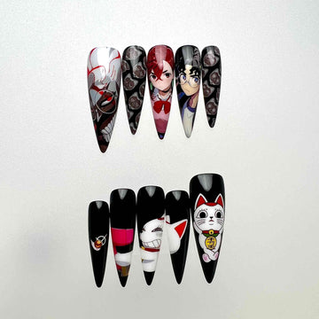 Japanese Mixed Anime Nails – Kaguya-sama &amp; Nyanko-sensei Press-On Set, Lucky Cat &amp; Fox Mask Design | Dragonnail