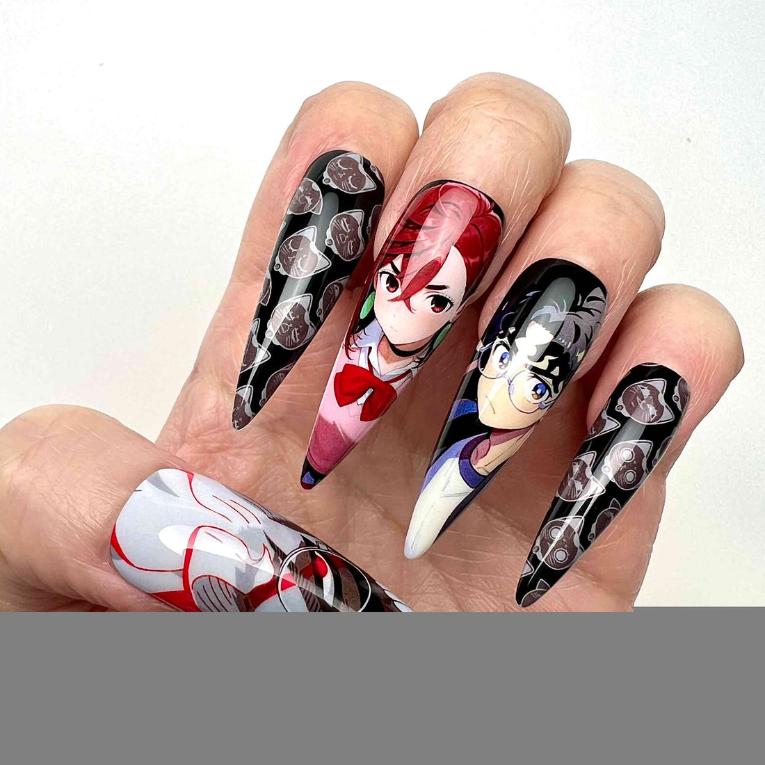 Japanese Mixed Anime Nails – Kaguya-sama &amp; Nyanko-sensei Press-On Set, Lucky Cat &amp; Fox Mask Design | Dragonnail