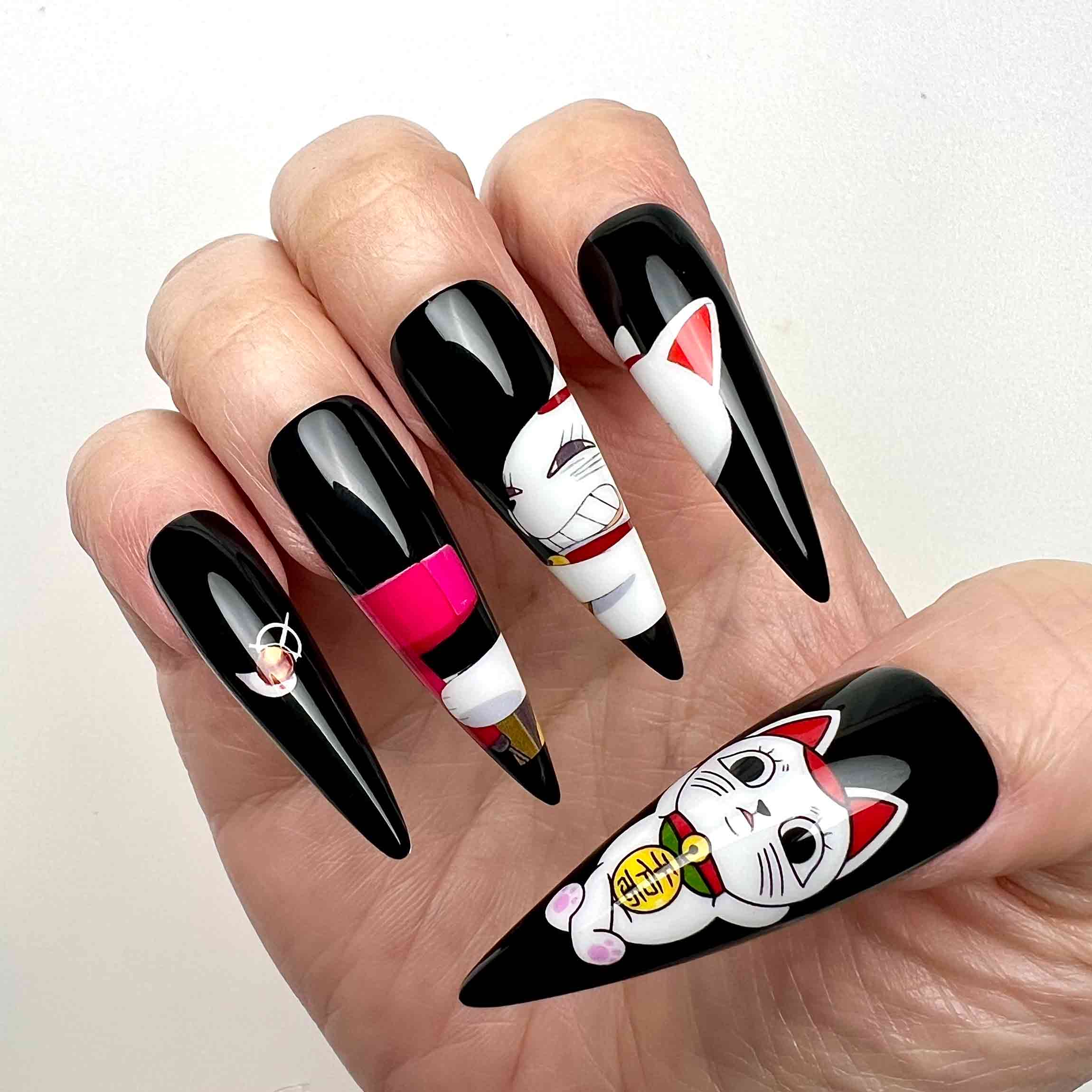 Japanese Mixed Anime Nails – Kaguya-sama &amp; Nyanko-sensei Press-On Set, Lucky Cat &amp; Fox Mask Design | Dragonnail