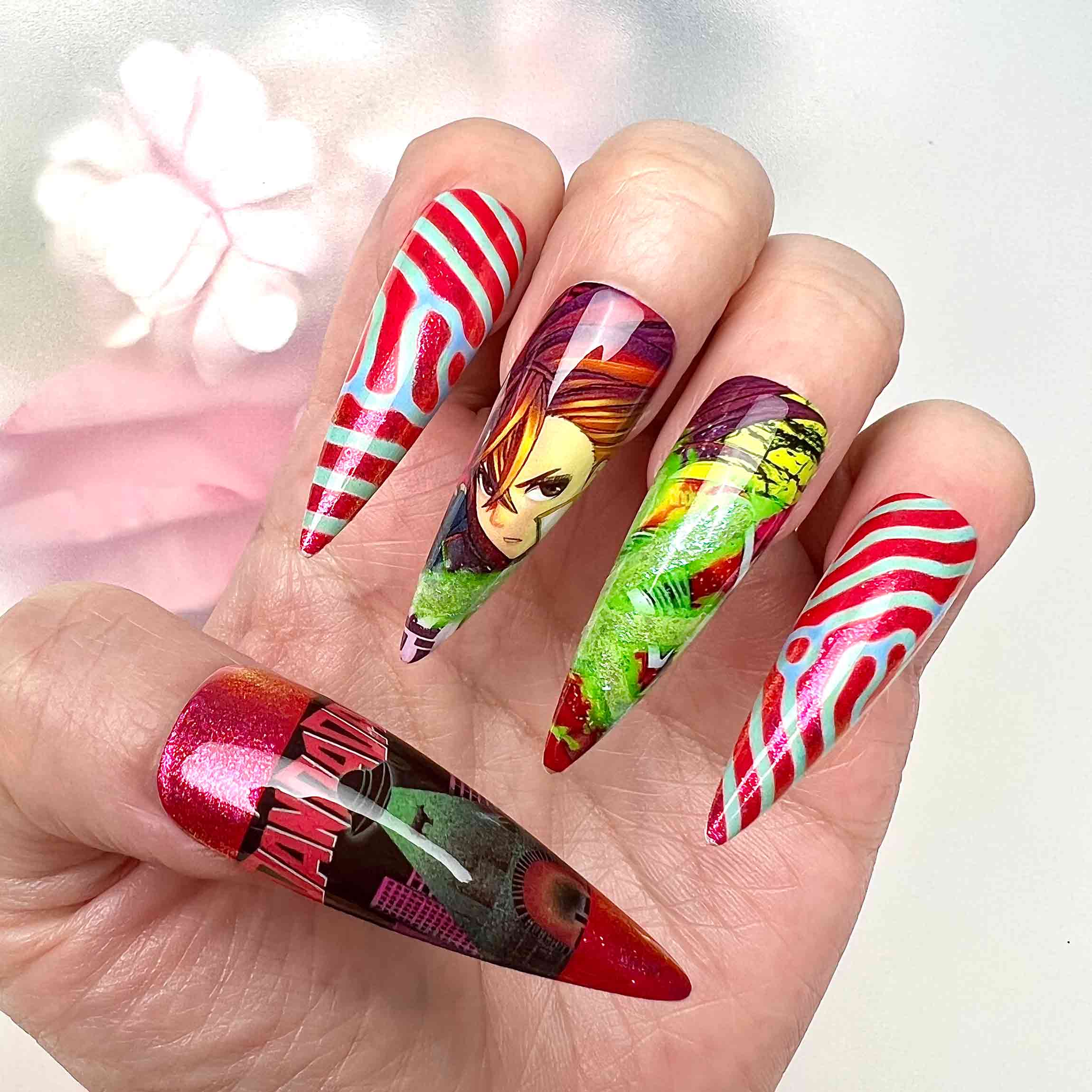 Tanjiro Kamado Nails – Demon Slayer Press-On Nail Set, Water Breathing Red Edition | Dragonnail