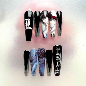 L Nails – Death Note Press-On Set, Gothic Silver Glitter V-tip Anime Design | Dragonnail
