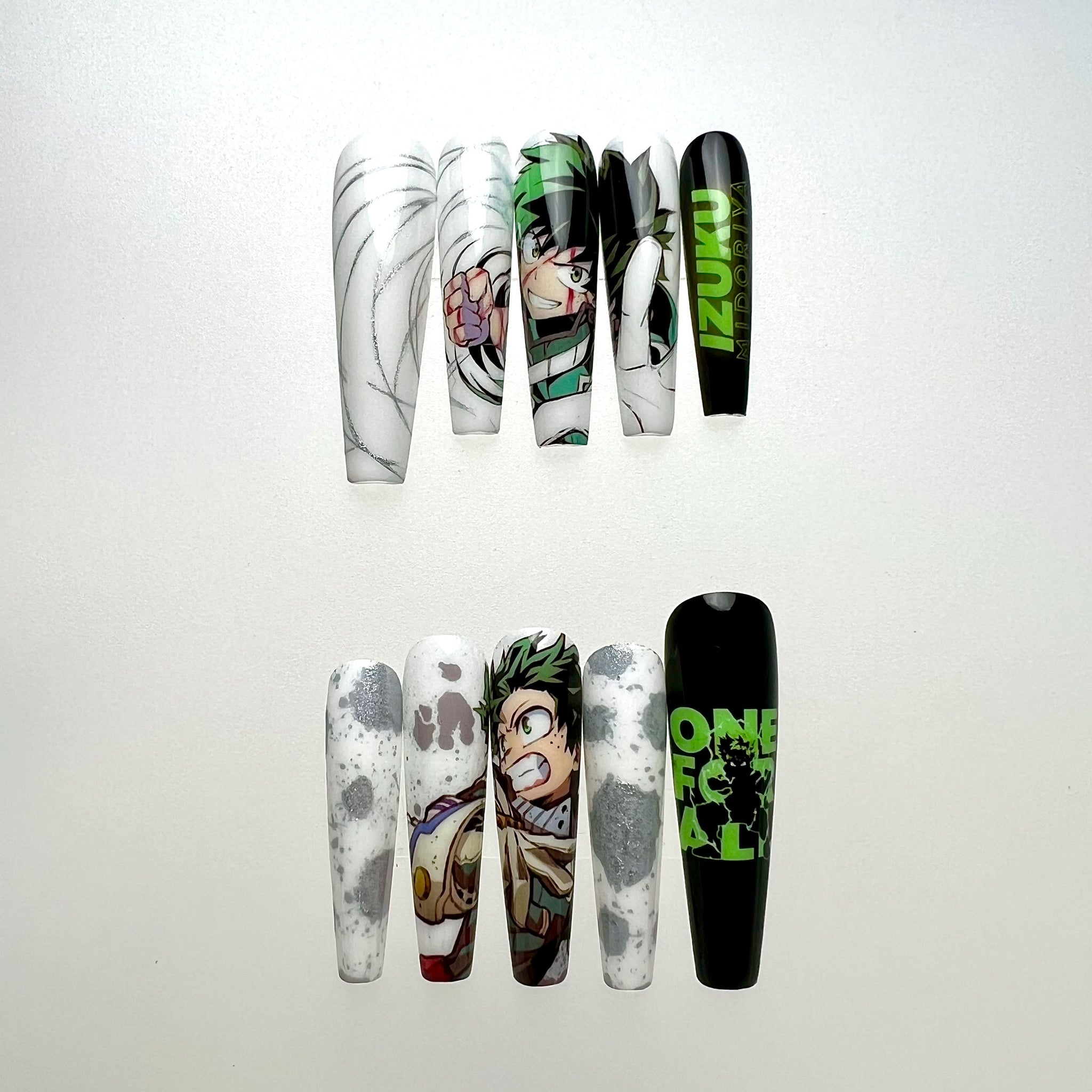 Izuku Midoriya Nails – My Hero Academia MHA Press-On Set, "One For All" Green &amp; Black Anime Design | Dragonnail