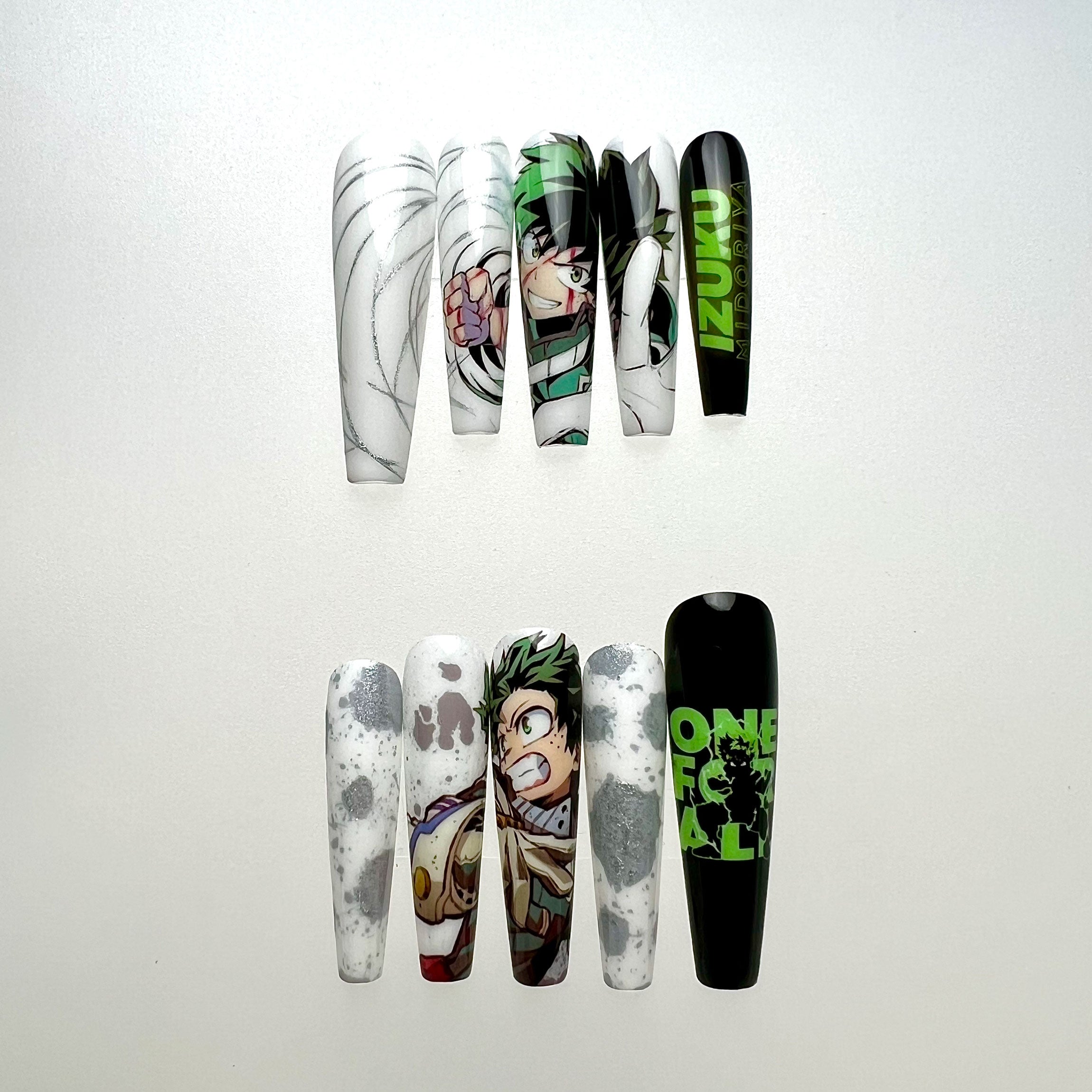 Izuku Midoriya Nails – My Hero Academia MHA Press-On Set, "One For All" Green &amp; Black Anime Design | Dragonnail