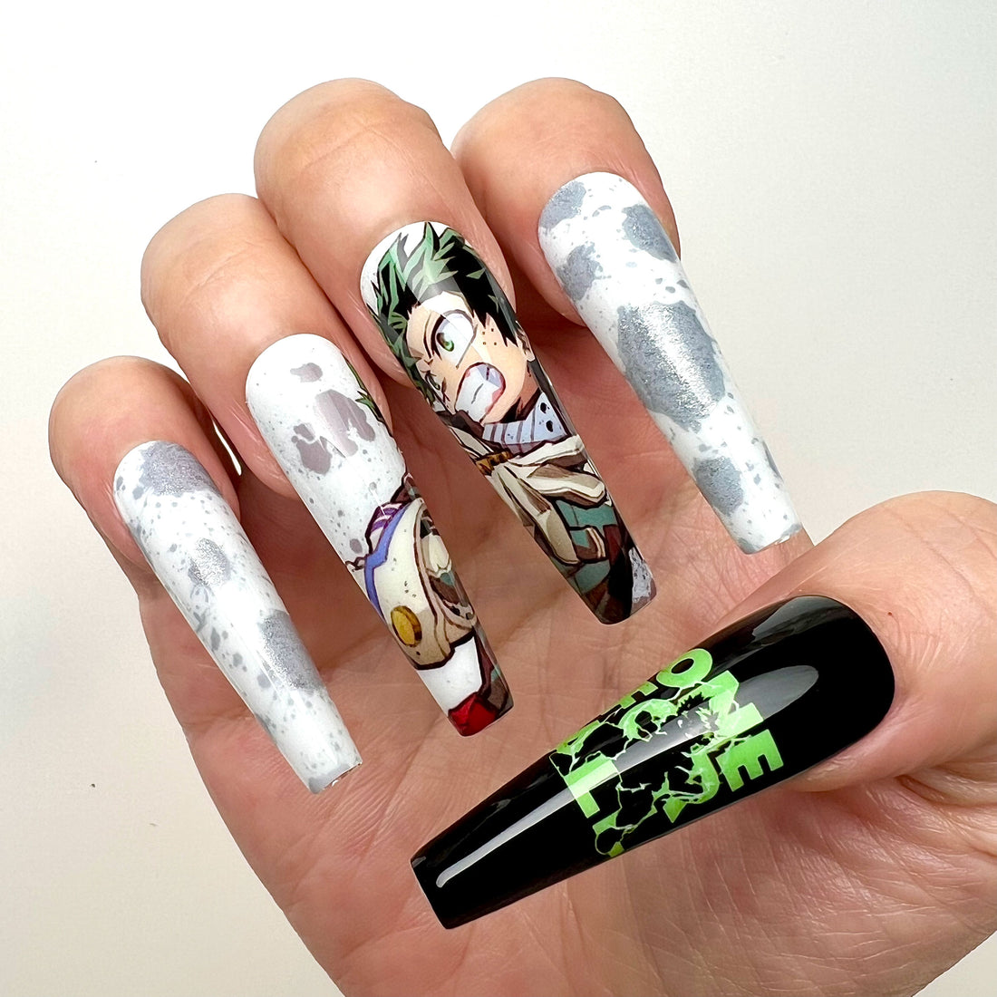 Izuku Midoriya Nails – My Hero Academia MHA Press-On Set, "One For All" Green &amp; Black Anime Design | Dragonnail