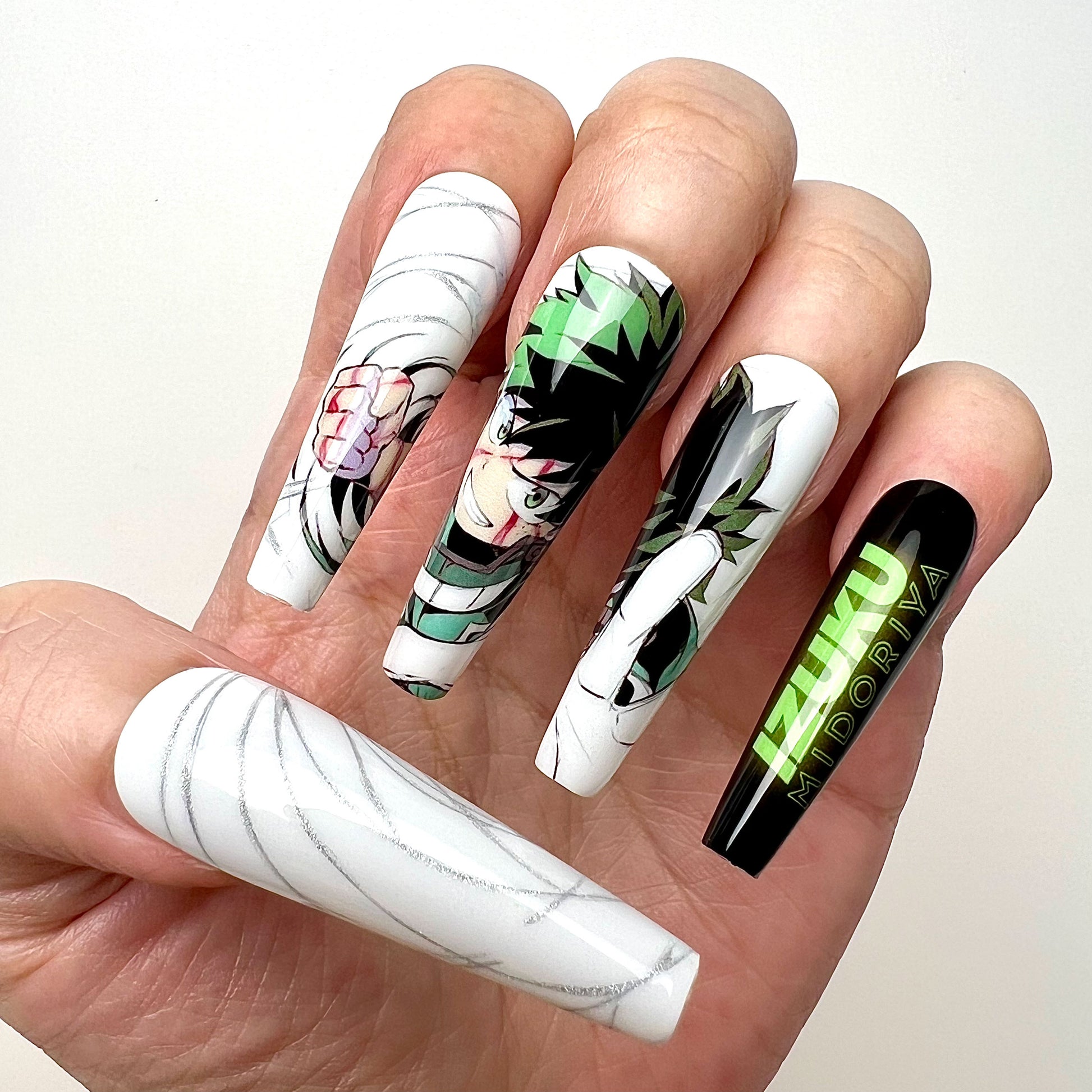 Izuku Midoriya Nails – My Hero Academia MHA Press-On Set, "One For All" Green &amp; Black Anime Design | Dragonnail